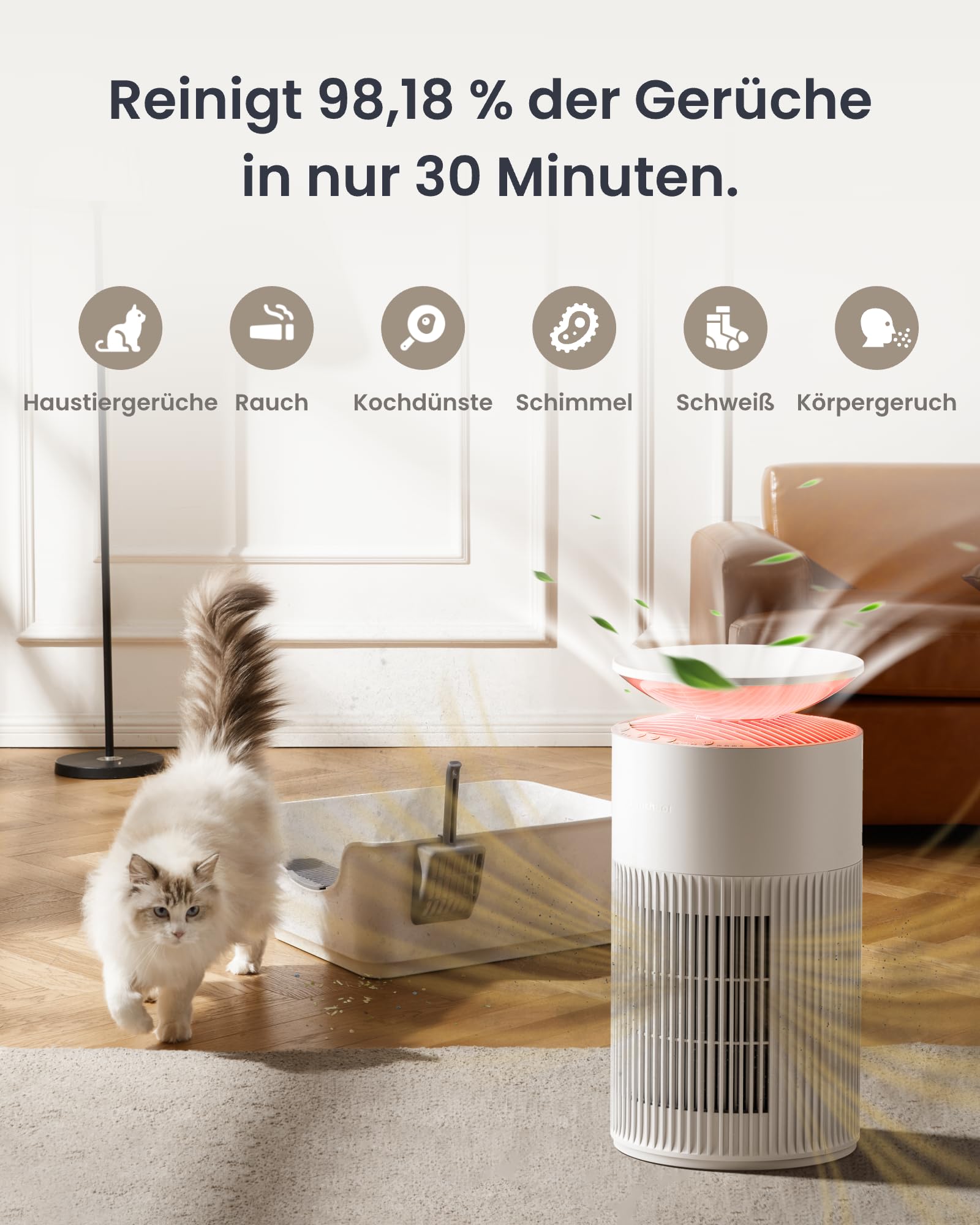 SwitchBot Luftreiniger mit App-Steuerung und Nachtlicht, CADR 400m³/h bis zu 83㎡ Zimmer, HEPA-Filter entfernt 99,97% Schimmel Staub Pollen, 20dB Schlafmodus, Haustiermodus für Familien mit Haustieren