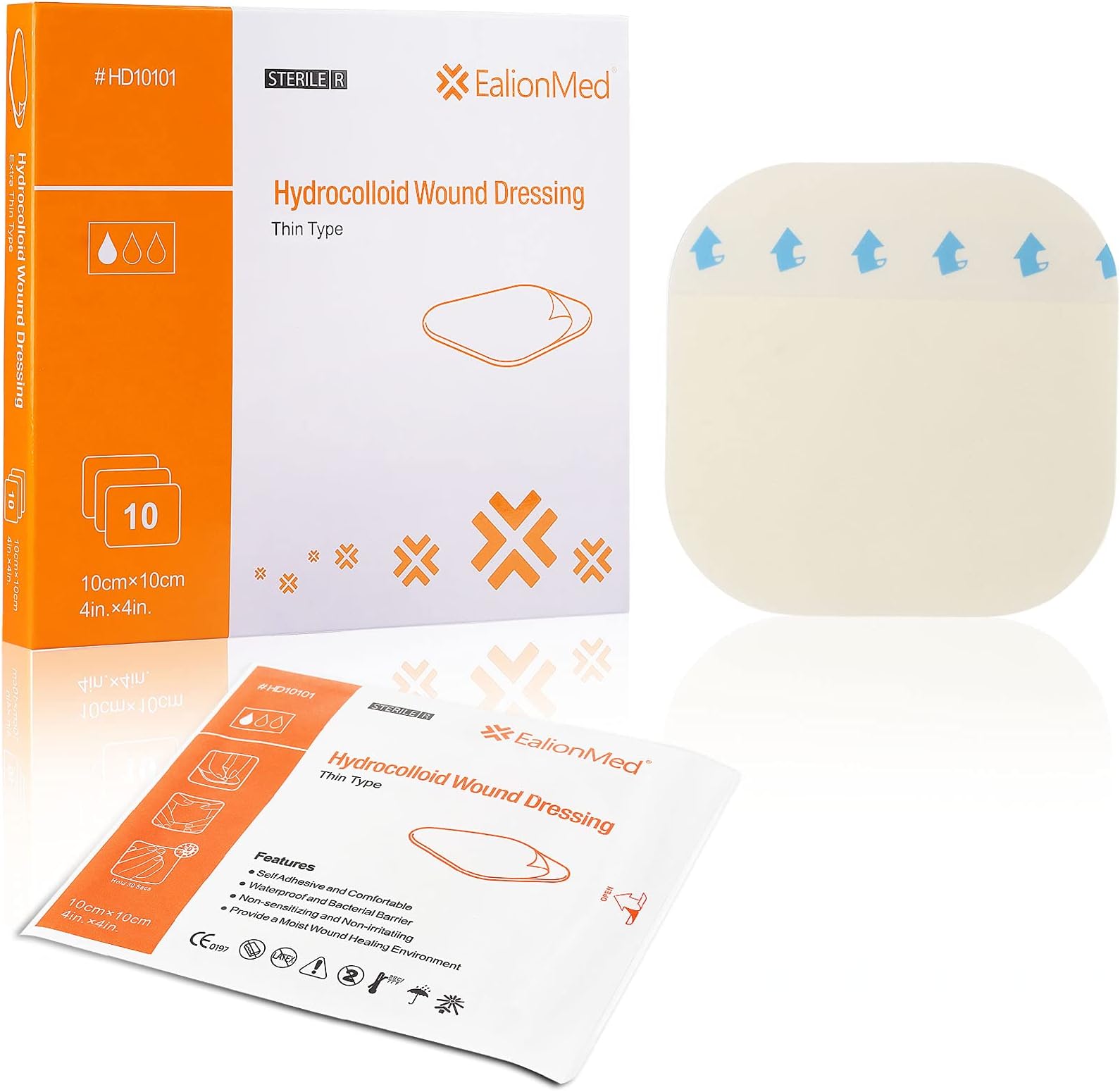 Hydrocolloid Bandage, Hydrocolloid Wound Dressing Thin Type 4'' x 4'' for Light Exudate Wound, Pressure Ulcer, Bed Sore, Surgical Wound,Superficial Wound, 10 Pack by EalionMed
