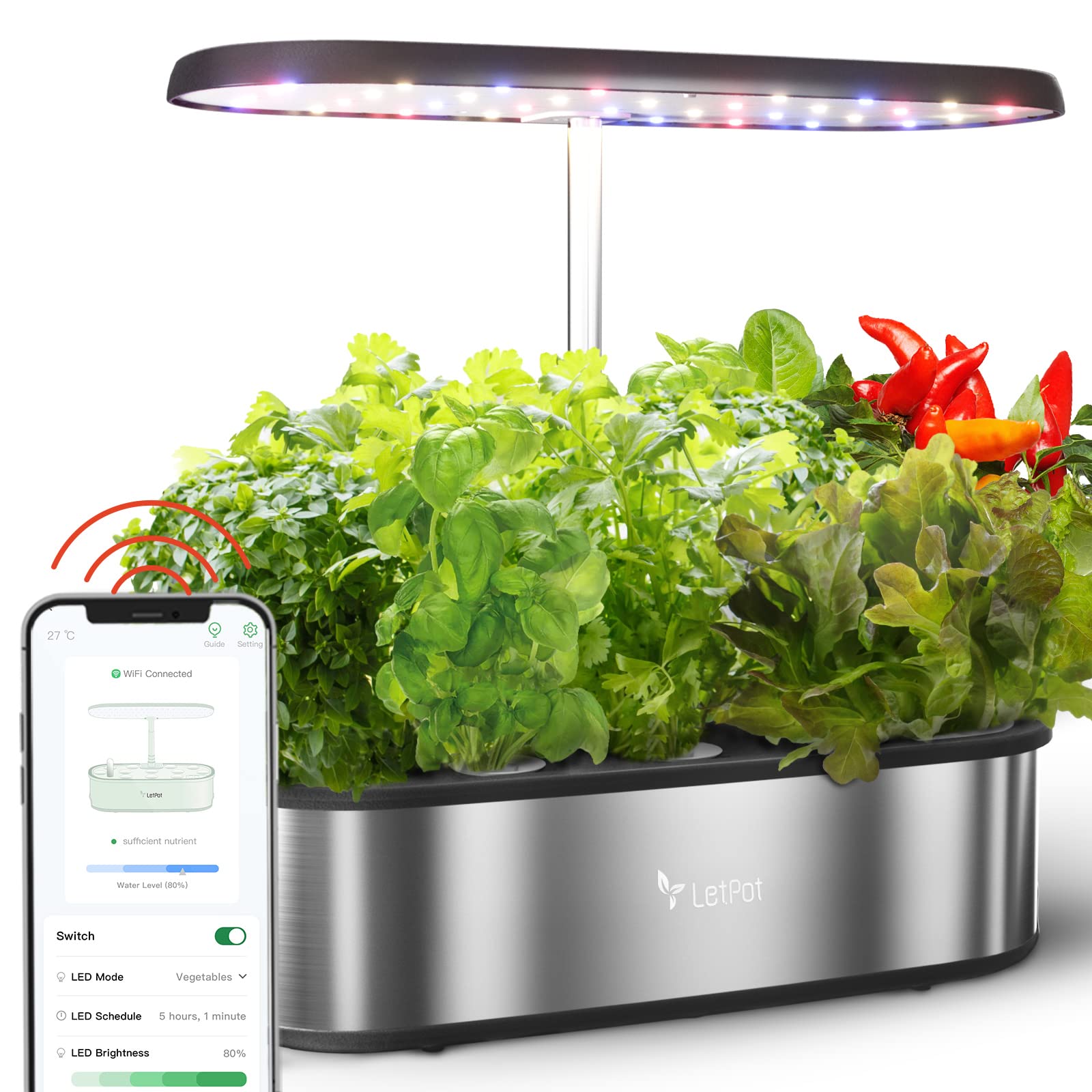 Smart Hydroponics Growing System, LetPot 12 Pods Indoor Garden, 24W Light, App&WiFi Control, Water Shortage Remind, 20" Adjustable Rod, 5.5L Tank, Herb Garden for Home Kitchen, Stainless Steel