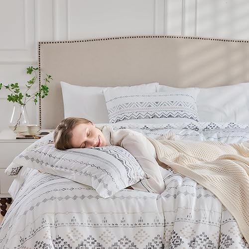Miniatura 5 de Finlonte Juego de edredón de algodón tamaño King, edredón bohemio gris con patrón geométrico, relleno de edredón ultrasuave, juego de ropa de cama