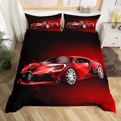 Miniatura 3 de Juego de funda de edredón de coche deportivo, juego de funda de edredón roja de coche de carreras para niños y niñas, juego de ropa de cama con