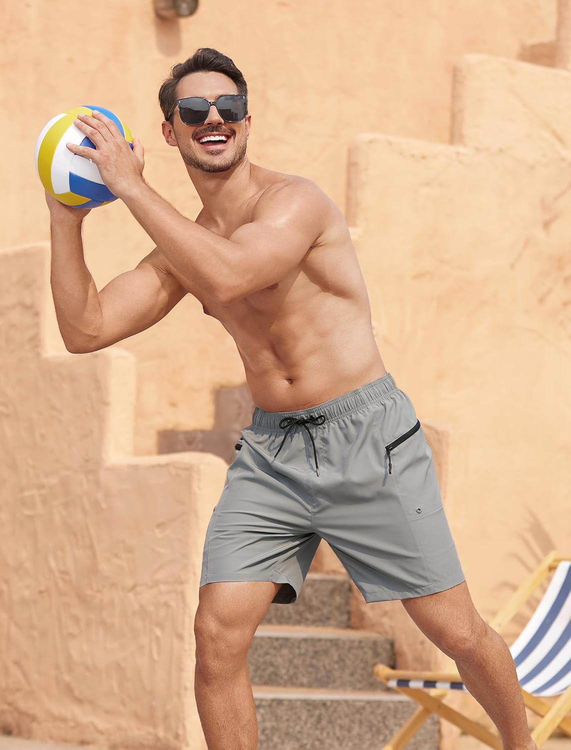 SILKWORLD 7 Inch Mens Swim Trunks with Compression Liner Quick-Dry Bathing Suit with Zipper Pockets