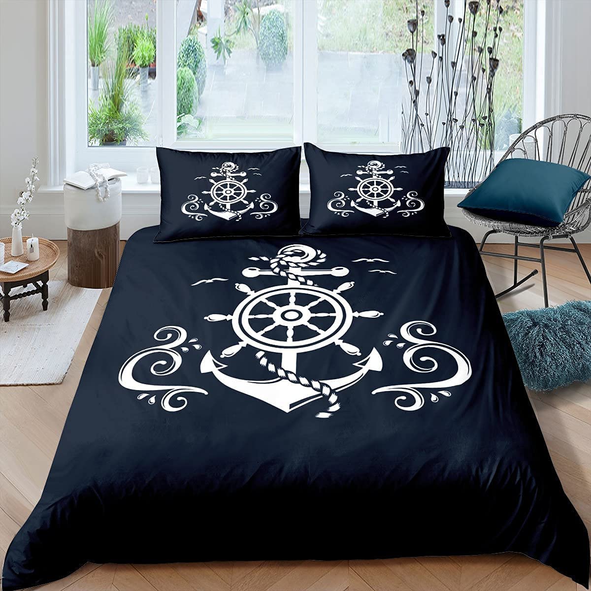 Homewish Nautical Anchor Bedding Set, Ocean Sailboat Navy Blue Duvet Cover Double Size, Coastal Compass Comforter Cover, Blue Ocean Theme Bedspread Cover Bedroom Decor with Zipper