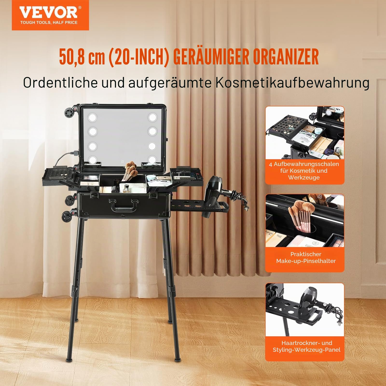 VEVOR Kosmetikkoffer 1030 x 510 x 1360 mm Schminktasche ABS + MDF-Platte + Aluminiumrahmen Schminkkoffer Make-Up Koffer Ideal für Friseur-, Make-up-Studios, Hochzeits- oder Event-Make-up