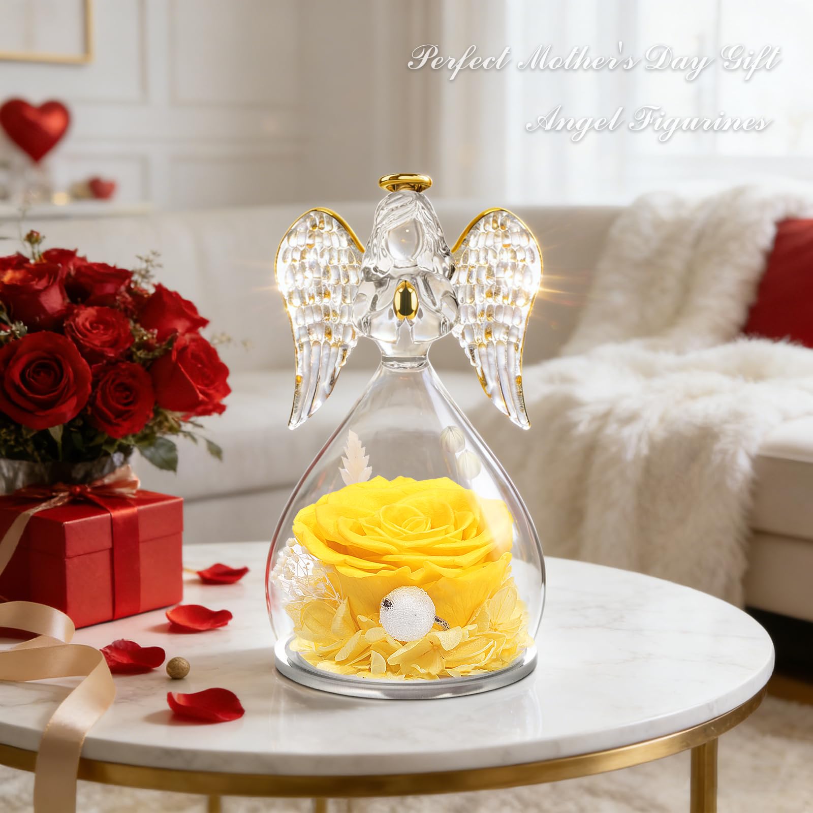 Sunia Rosa Eterna Regalos Originales para Mujer, Flores Preservadas Regalo Madre, Flore Eterna con Figura Ángel Regalo Cumpleaños Mujer Mama Abuela, Regalos Navidad San Valentin Dia de la Madre