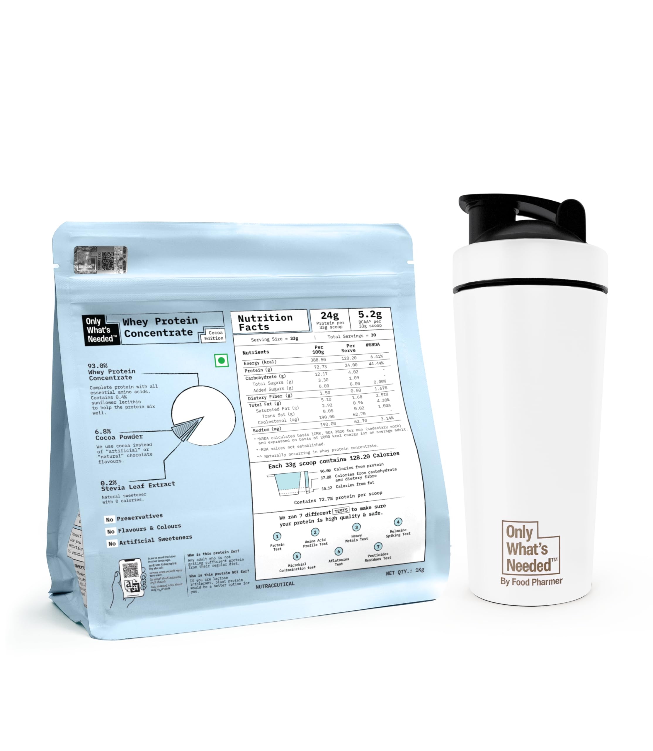 By Food Pharmer - Cocoa Edition | Whey Protein Concentrate 1kg | 24g per scoop + Metal Shaker 750ml | Stainless Steel | BPA-Free Cap-image-33