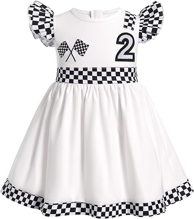 ODASDO Baby Girl Toddler Kids Racing Car 1st 2nd Birthday Outfit Checkered Flutter Sleeve A-line Ruffle Dress