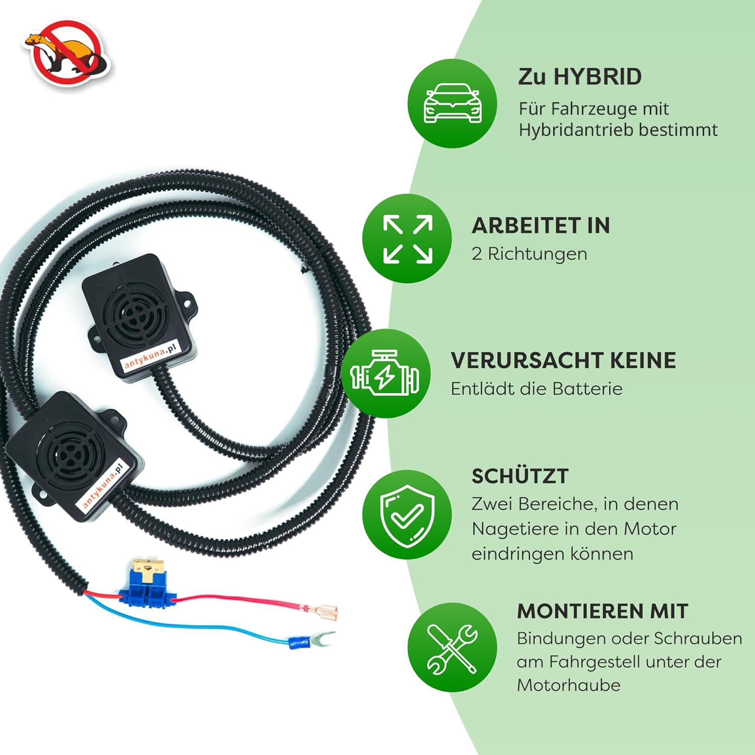 Ultraschall Fahrzeug Marderschreck 12V für HEV Hybrid Auto 2 Lautsprecher zweiseitig kein Gewöhnungseffekt (16–38 kHz) stromsparend einfache Motorraum Montage Tierfreundliche Marderabwehr
