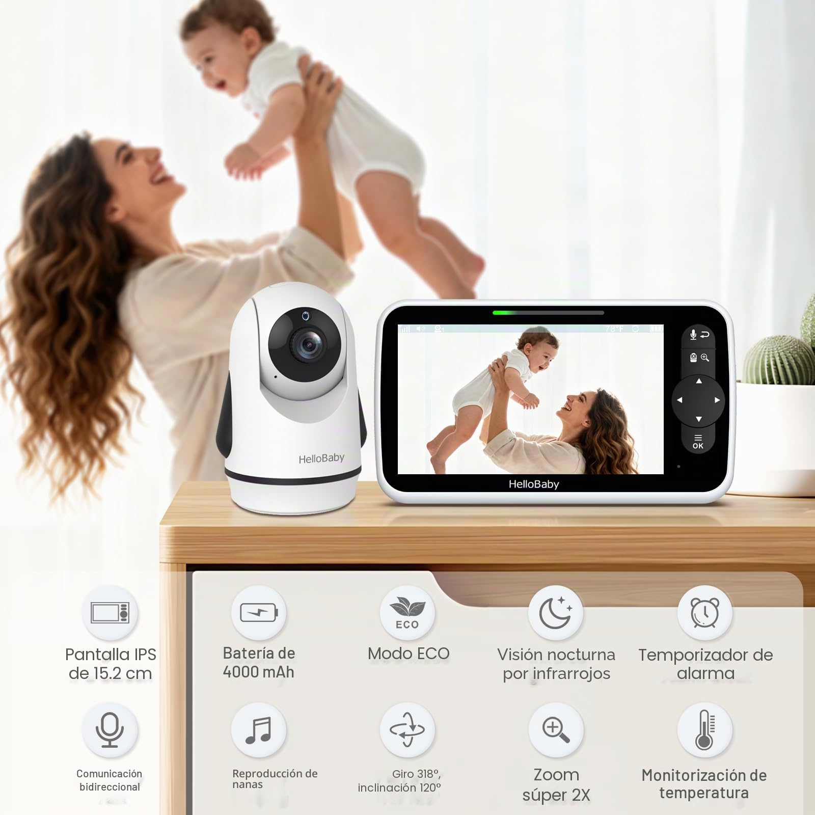 HelloBaby Monitor de Video para Bebés de 6", Pantalla Grande con Cámara y Audio, Batería de 4000mAh y Modo Eco, Visión Nocturna, Sin WiFi, Conversación Bidireccional y 8 Canciones de Cuna, Cámara PTZ
