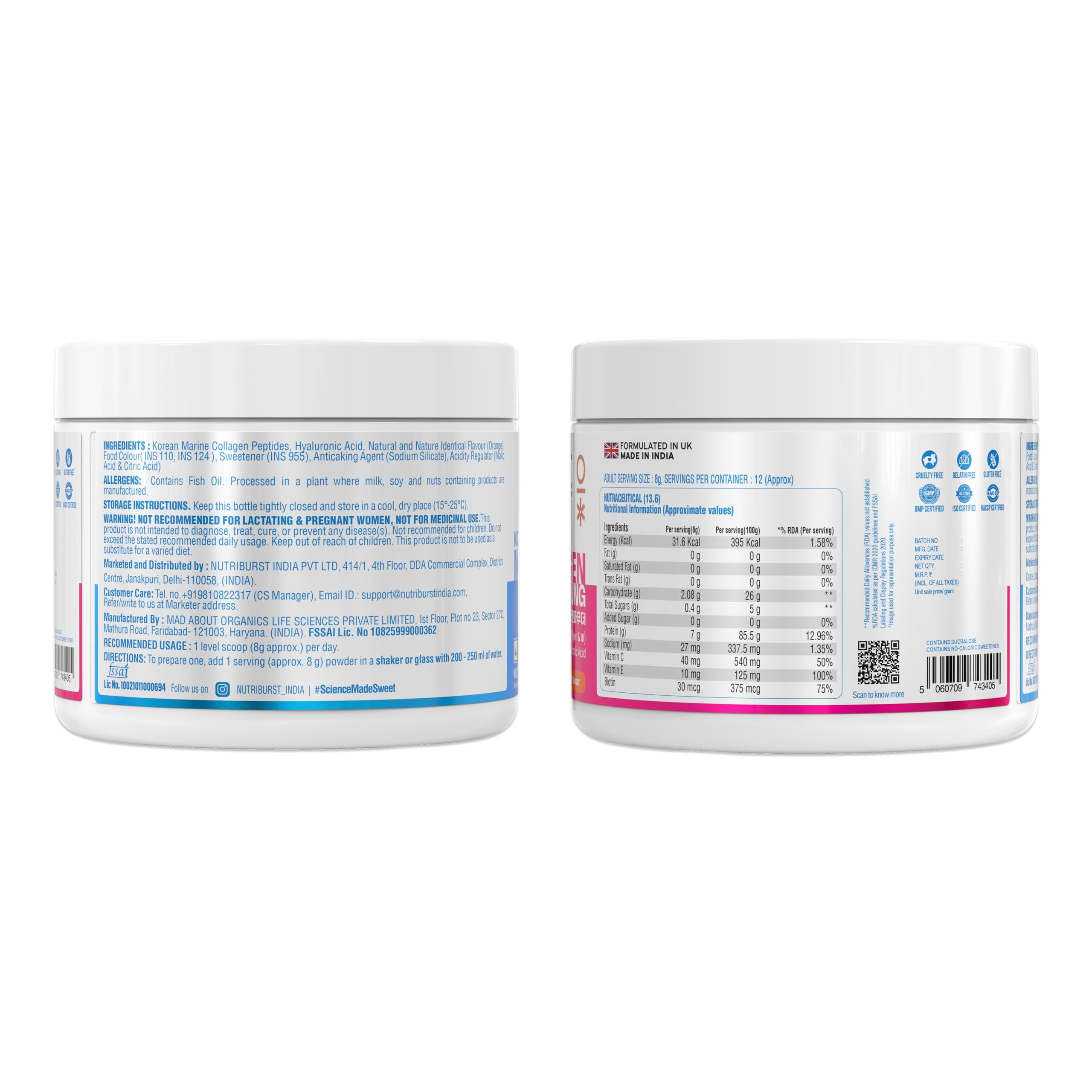 Nutriburst Korean Marine Collagen Powder | Marine Collagen Peptides (Type I & III) with Hyaluronic Acid | 8g High Absorption Collagen per Serving | Orange Flavour | For Skin, Hair, Nails & Joint Support | For Men and Women | 100g — Amazon image 2