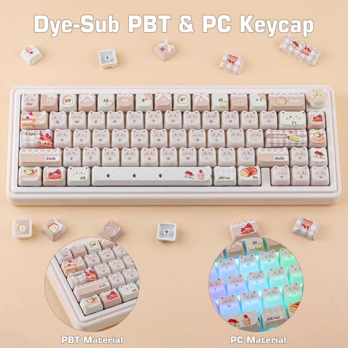 Sunzit PBT&PC Keycaps, Cute Baked Kitty Cat keycap, Mao Proile Dye-Sublimation Key caps, Custom Keyboard Keycap Set for MX Switches Mechanical Keyboard