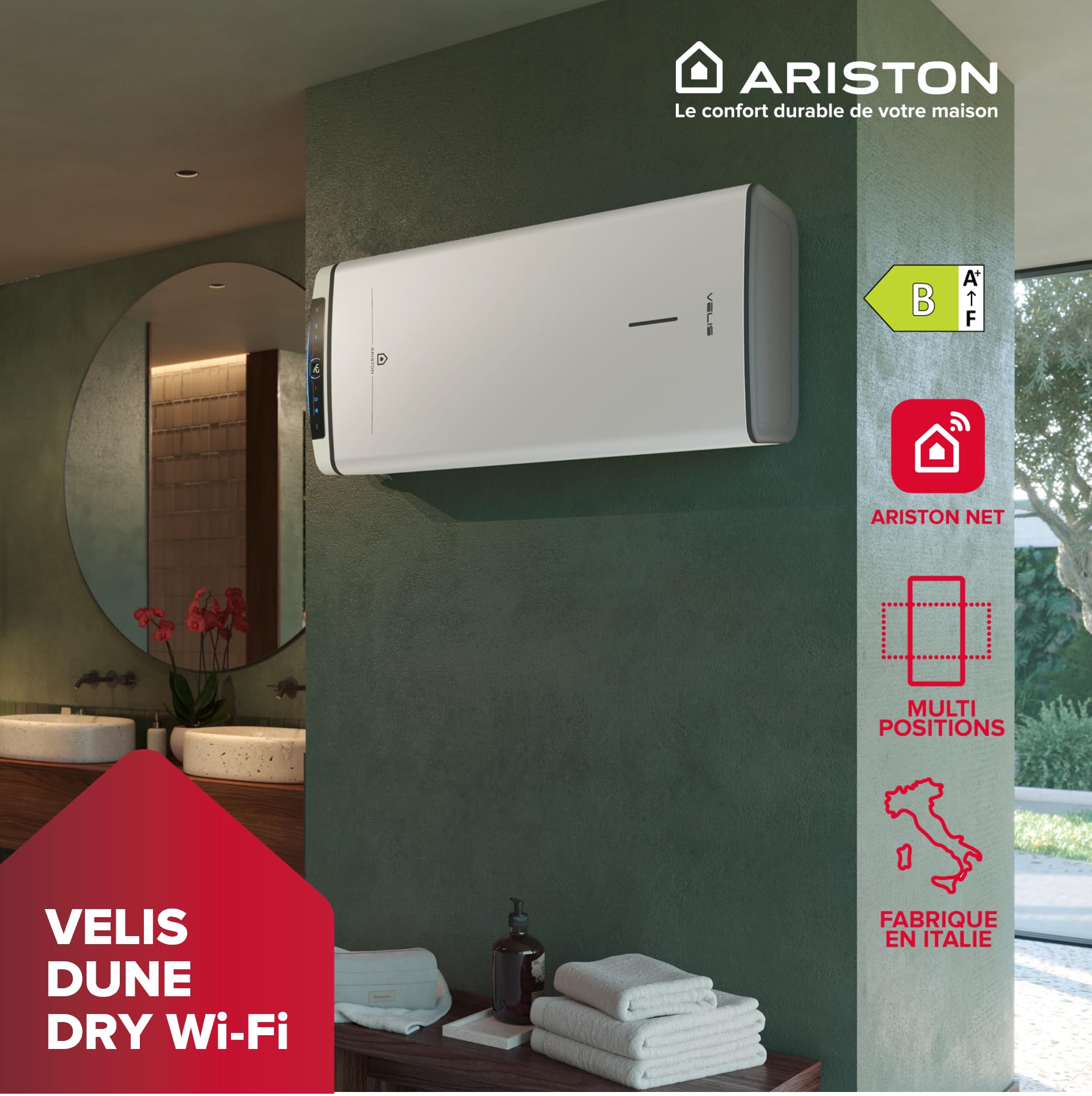 Ariston Velis Evo Dune Dry WiFi 80L Chauffe-Eau Plat Multiposition, Résistances DRY x2 Anti-Calcaire, 25% Économie d'Énergie, Certifié NF, Garantie Remplacement à Vie