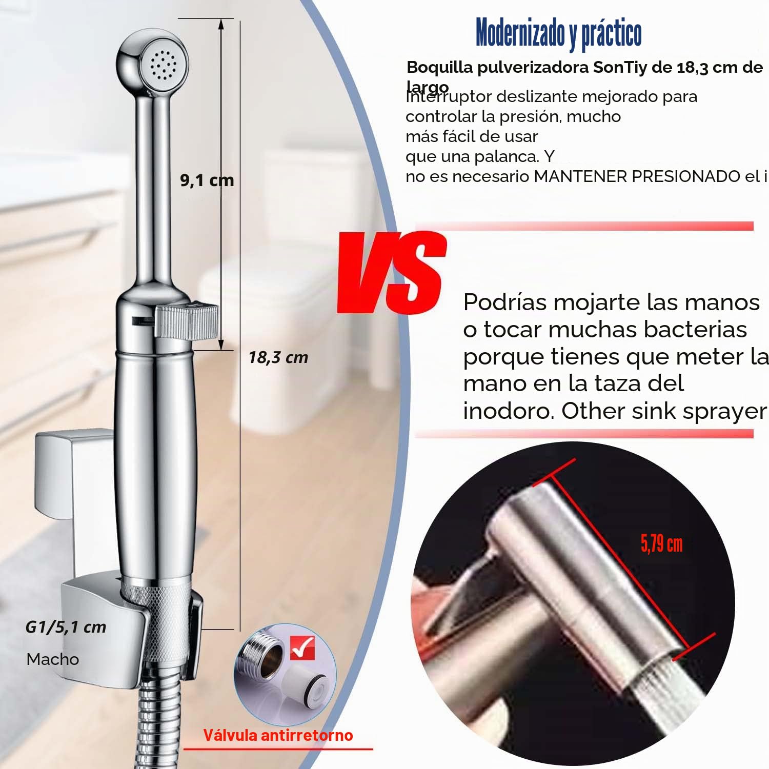 SonTiy Grifo Bidet para WC de Latón, 7.2" Ducha Higiénica Mano para WC con Presión Ajustable y Soporte, Ducha inodoro para Higiene Personal, Limpieza de Pañales y Baño, Cromo