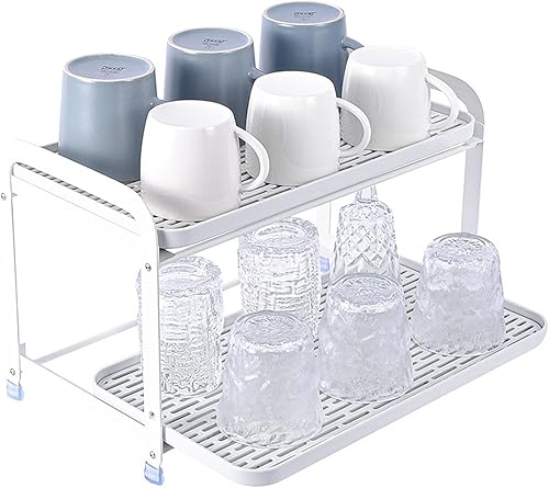 TOPINCN Cup Organizer Rack Double Layer for Home - Space Saving Multifunctional Storage with Removable DrainTray for Cup Drying and Collecting Water