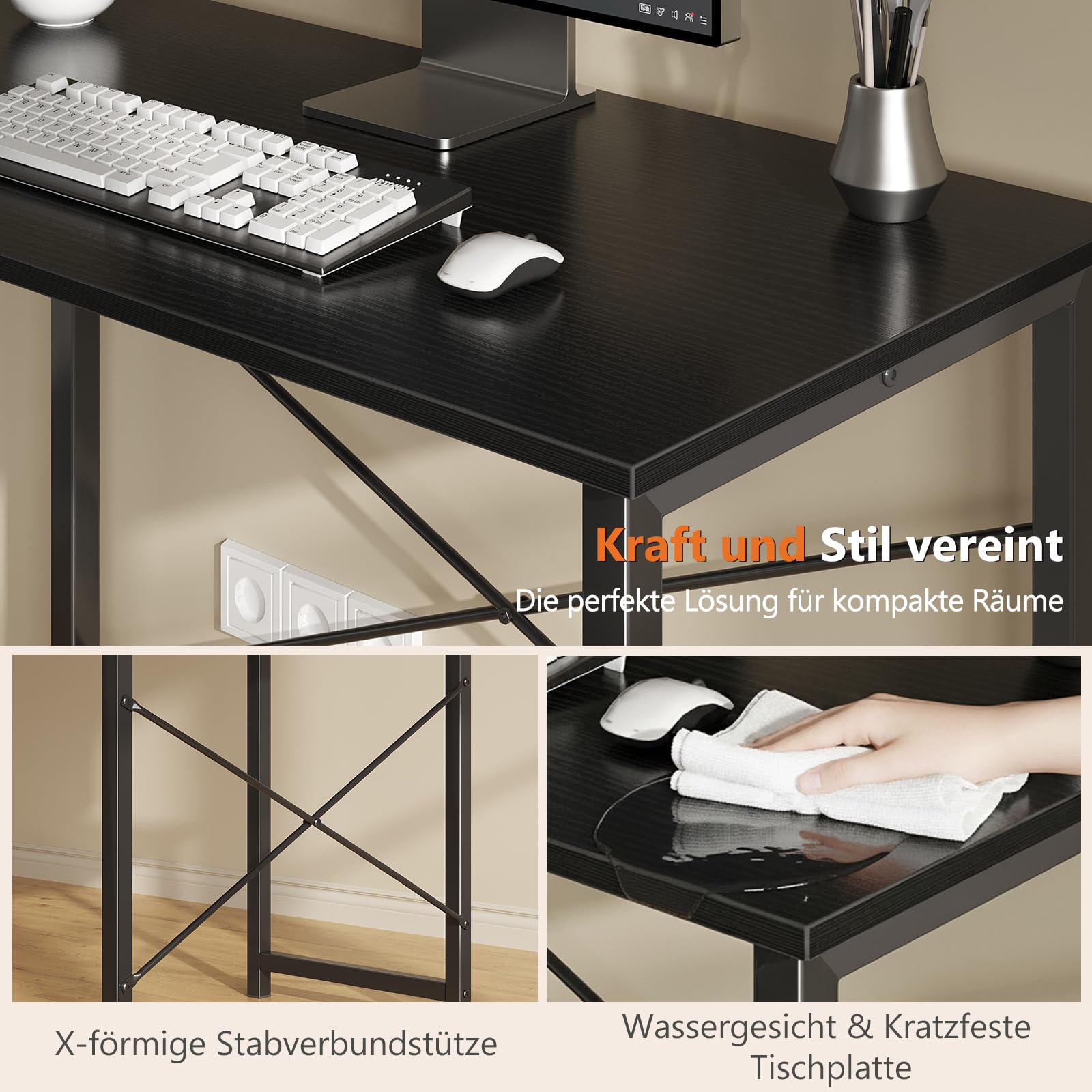 Sweetcrispy Schreibtisch, Kleiner Tisch 101.6 x 50 x 75.4cm (40in), Computertisch Metallgestell‌, Bürotisch für Arbeitszimmer, Schlafzimmer, Wohnzimmer, Study Table Desk, Schwarz