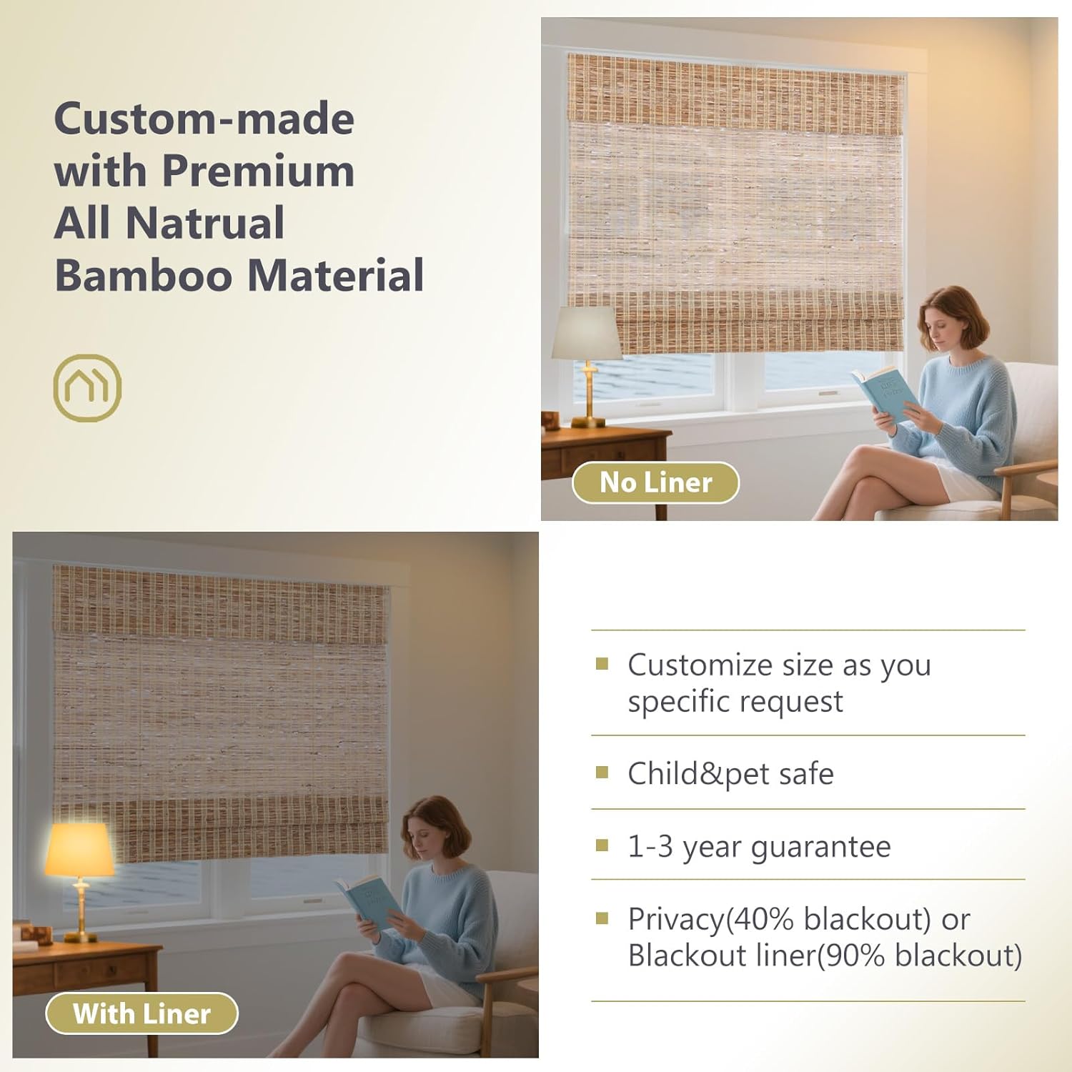 LETAU No Drill Roman Shades|Natural Ramie Bamboo|Top Down Bottom Up Cordless|Cordless Roman Shades for Windows and Doors,Brown