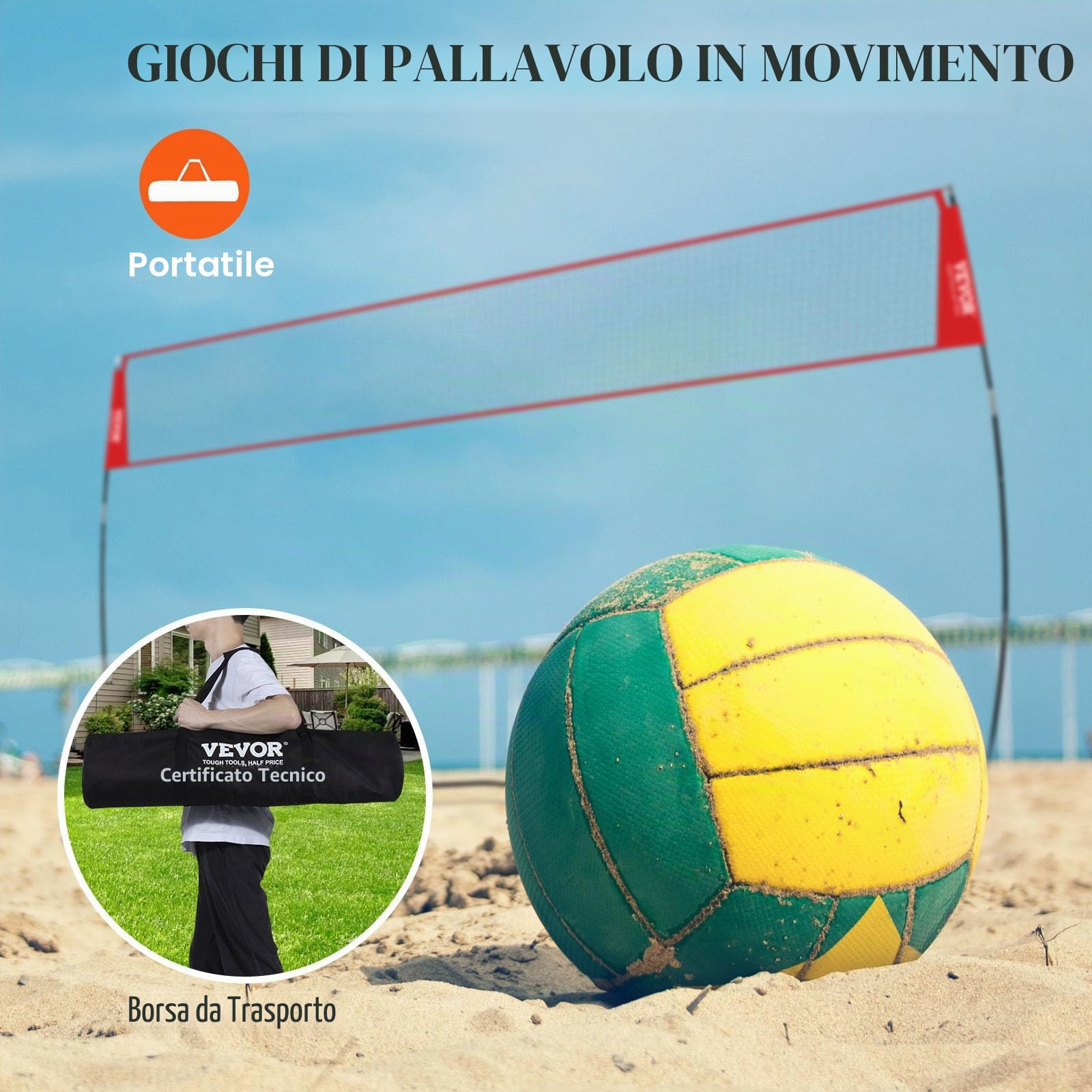 VEVOR Rete da Allenamento per Pallavolo Autoportante, Sistema di Rete Portatile Altezza Regolabile Borsa per Il Trasporto, Allenatore Professionale per Allenamento di Pallavolo per Colpire o Servire