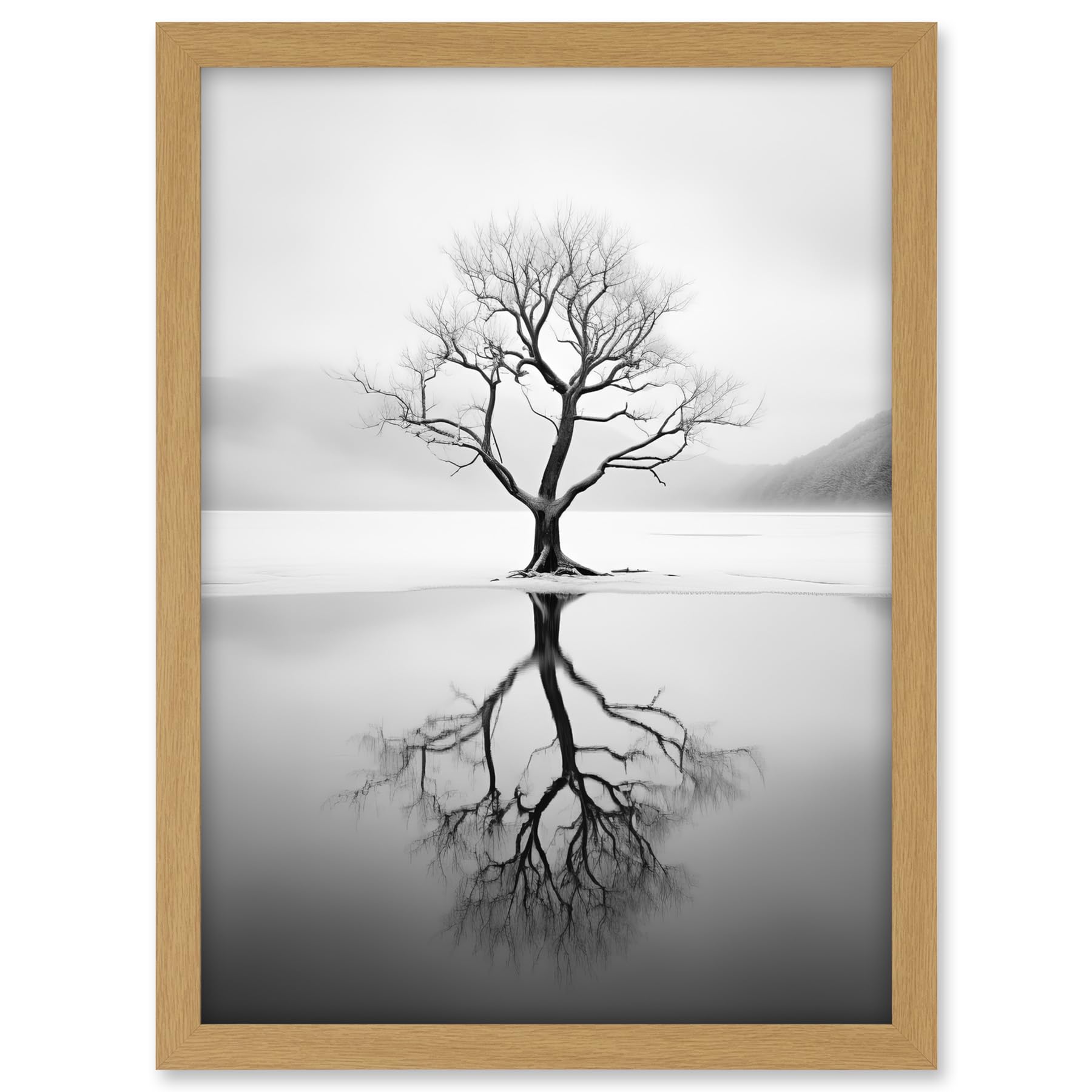 Artery8 Lone Tree by Frozen Lake Winter Landscape Black and White Photograph Artwork Framed A3 Wall Art Print
