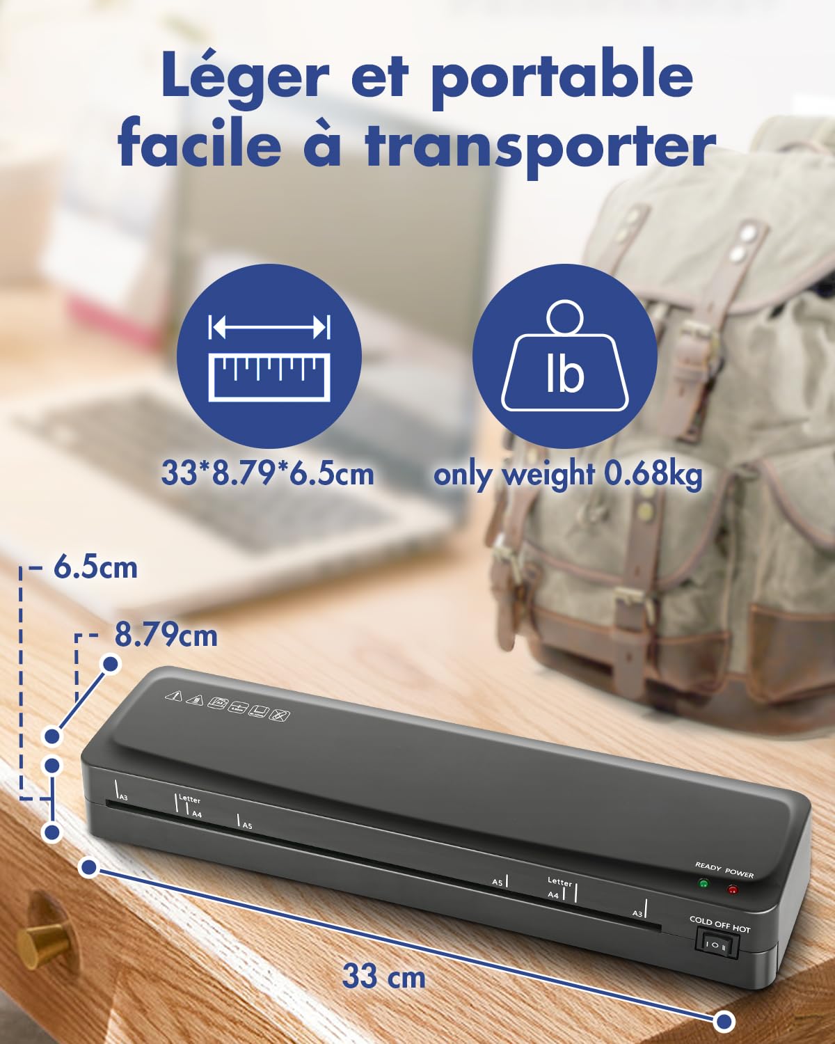 Plastifieuse A3 6 en 1 Thermique et à Froid avec Coupe-papier et Arrondisseur d'angle, Réchauffement Rapide