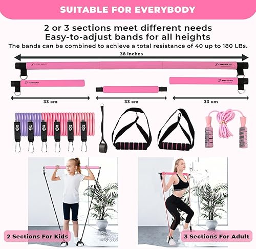 Miniatura 4 de Kit de barra de pilates con 6 bandas de resistencia ajustables y cuerda de saltar, barra de yoga y pilates de 3 secciones, bandas, cuerda de saltar,
