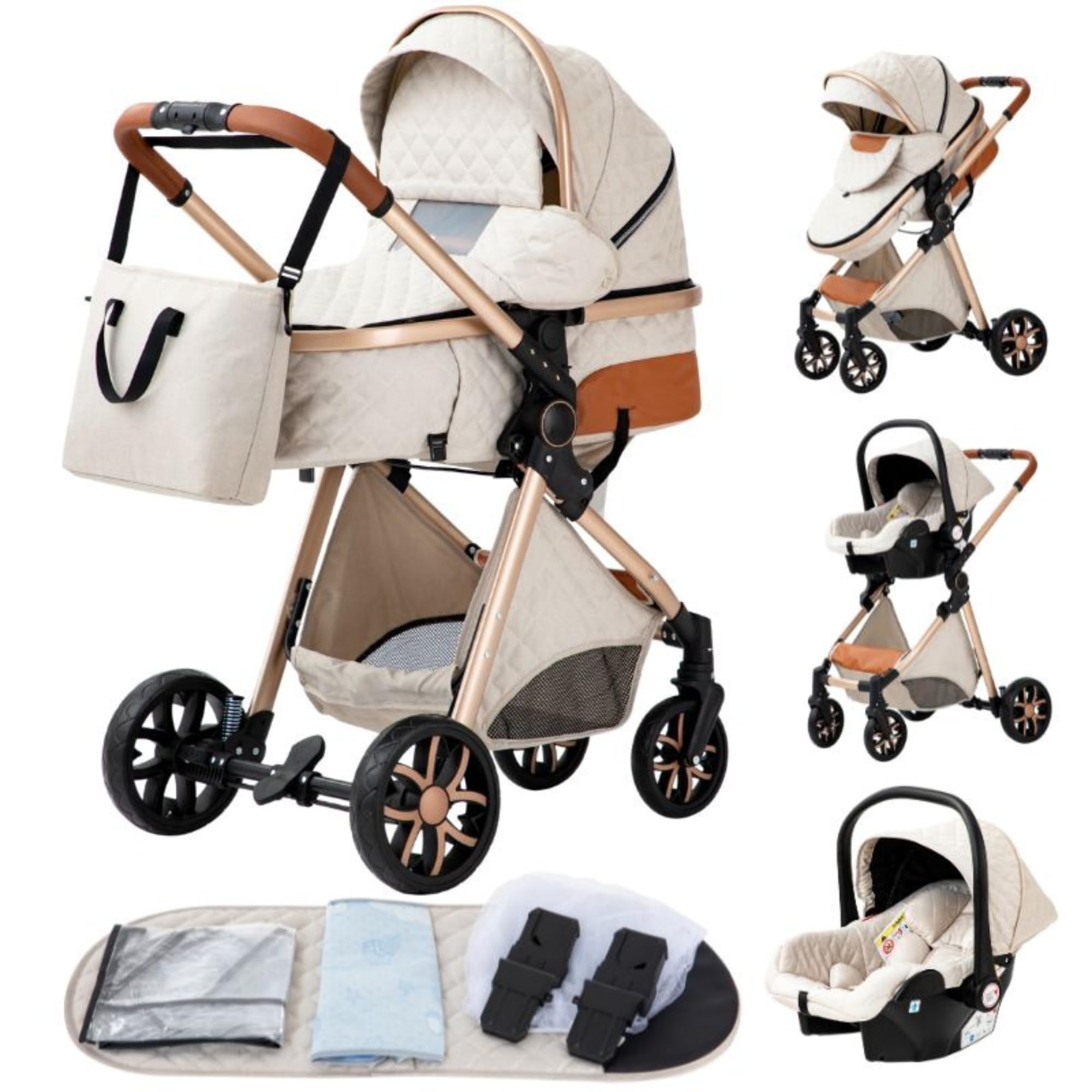 GLOKID Kinderwagen 3 in 1,Reisesysteme, Babywanne,Buggy&Sportsitz,Tragbarer,Voll-Gummireifen,Mit Einem Klick Zusammenklappbarer,Zubehör (LV9 Cremefarbe)
