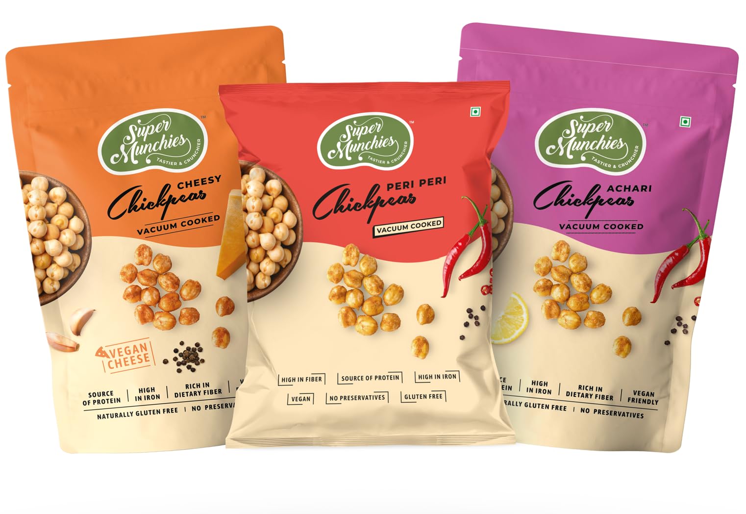 SUPER MUNCHIES Vacuum Cooked Chickpeas Mix ( Cheesy, Peri Peri, Achari), Protein Source, High in Iron & Fiber, Vegan, Gluten Free, Zero Cholesterol, Low Fat, No Preservatives, No Trans Fat (Pack of 3)(270g) (B0BPYRPMBB) Amazon Price History, Amazon Price Tracker