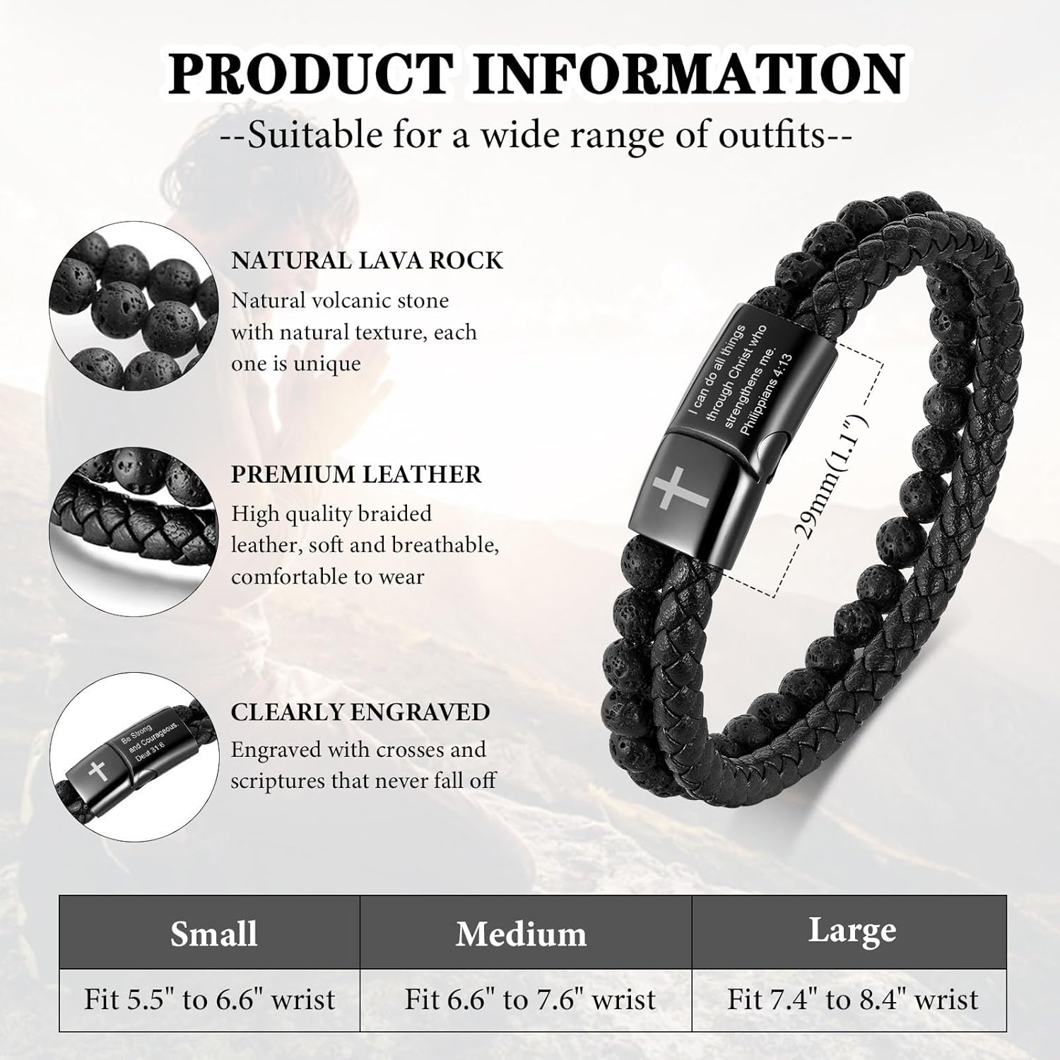 MEALGUET Men's Cross Bracelet for Men : Inspirational Bible Verse Bracelets Christian Catholic Religious Jewelry Christmas Gifts Ideas for Man, Healing Lava Rock Bead Cross Bracelet Leather Wristband - Image 3