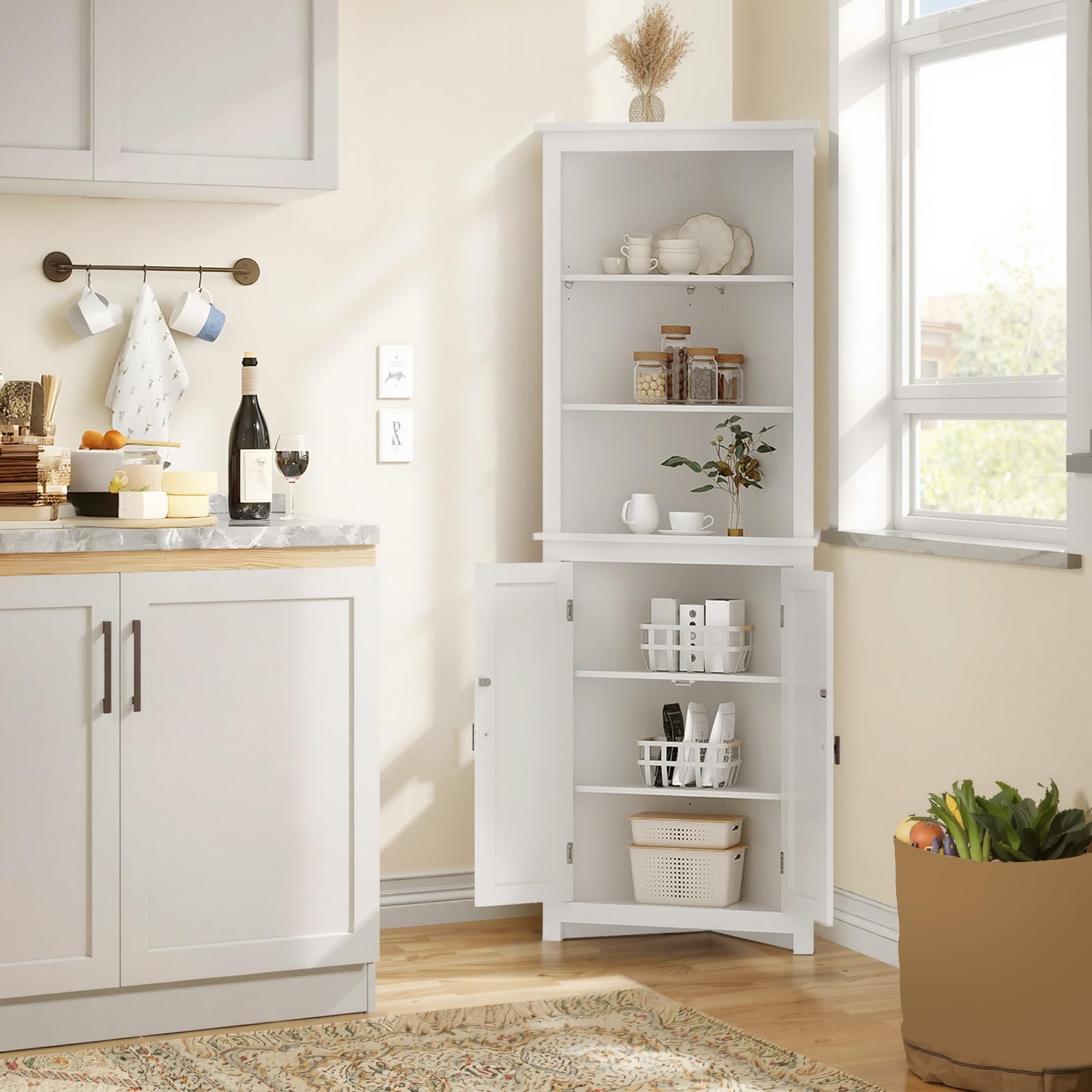 Armadietto angolare alto 162 cm, con 2 ante da fienile, armadietto angolare e armadi alti per bagno, cucina, soggiorno, multiuso con ripiani regolabili