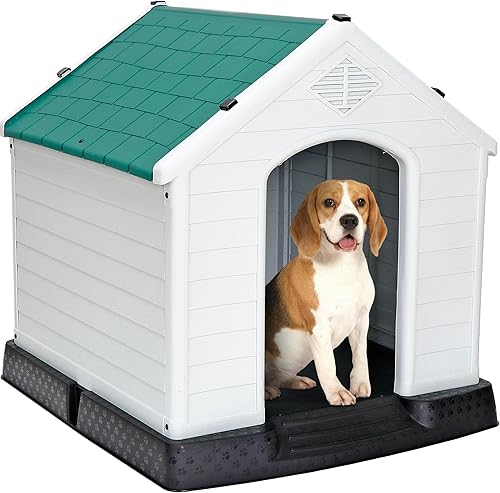 Miniatura 10 de Casa grande de plástico para perros para interiores y exteriores, fácil de montar, refugio para cachorros con rejillas de ventilación elevadas,
