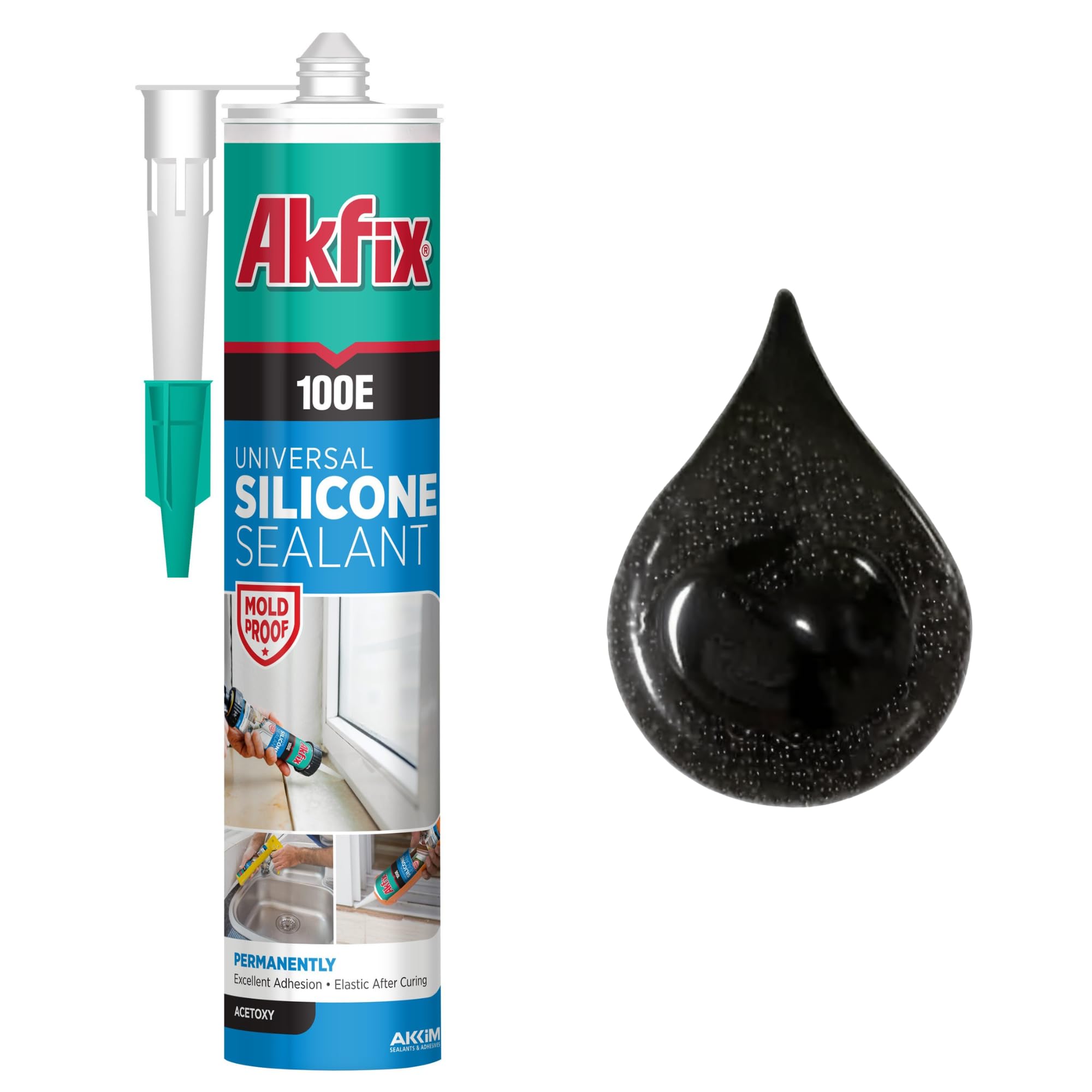 Akfix 100E RTV Black Silicone Caulk (1x10.1 fl.oz.) - 100% Waterproof Silicone Sealant for Kitchen and Bathroom, Shower, Toilet, Sink, Window and Door, UV Resistant, Flexible | Black, 1 Pack