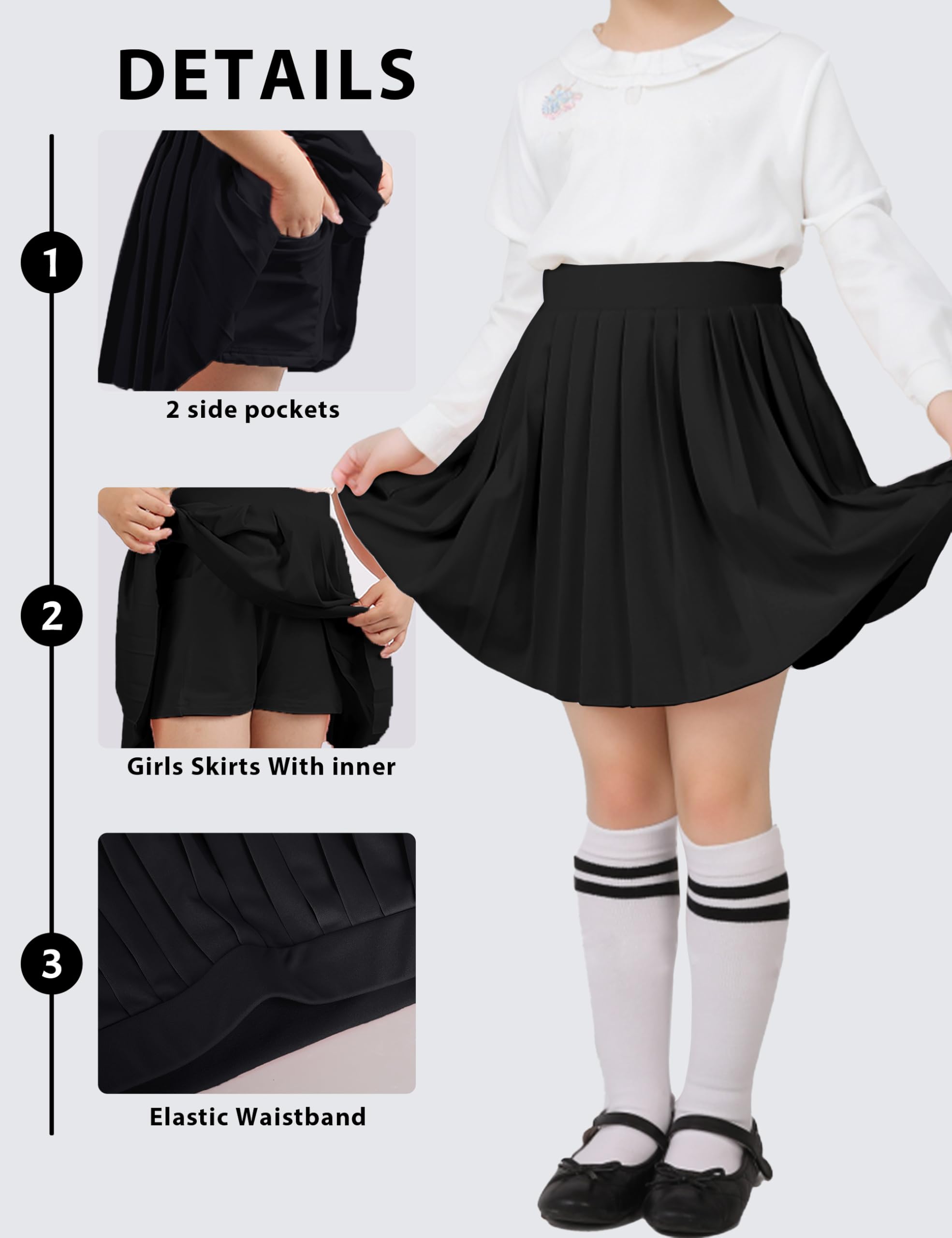 Faltenrock für Mädchen Kinder mit integrierten Shorts, Minirock Skorts mitmit 2 Seitentaschen, Mädchen Schuluniform-Skort Schwarze Skaterrock