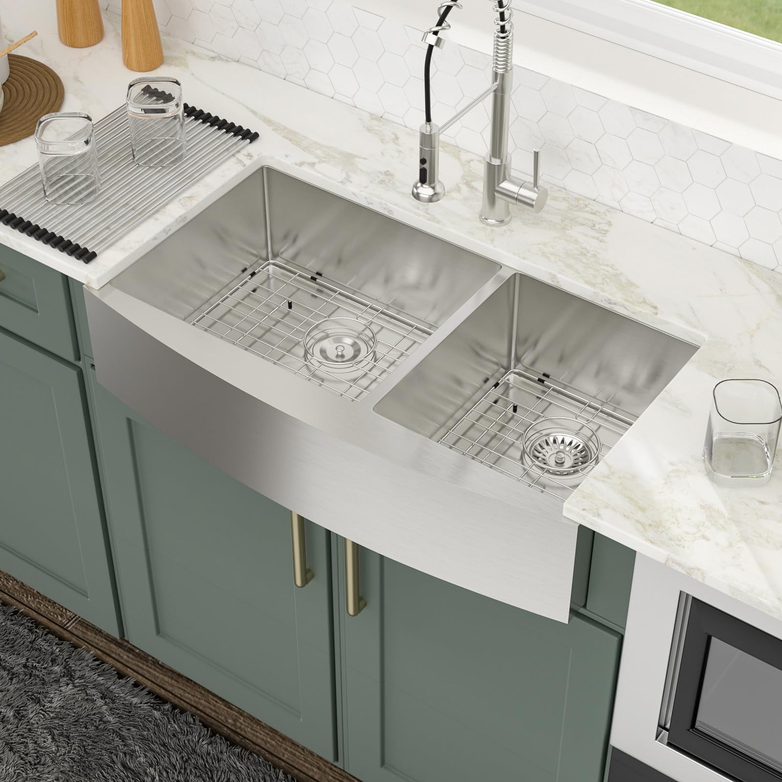Logmey 36 Inch Double Bowl Farmhouse Kitchen Sink 36x20x9 Inch 60