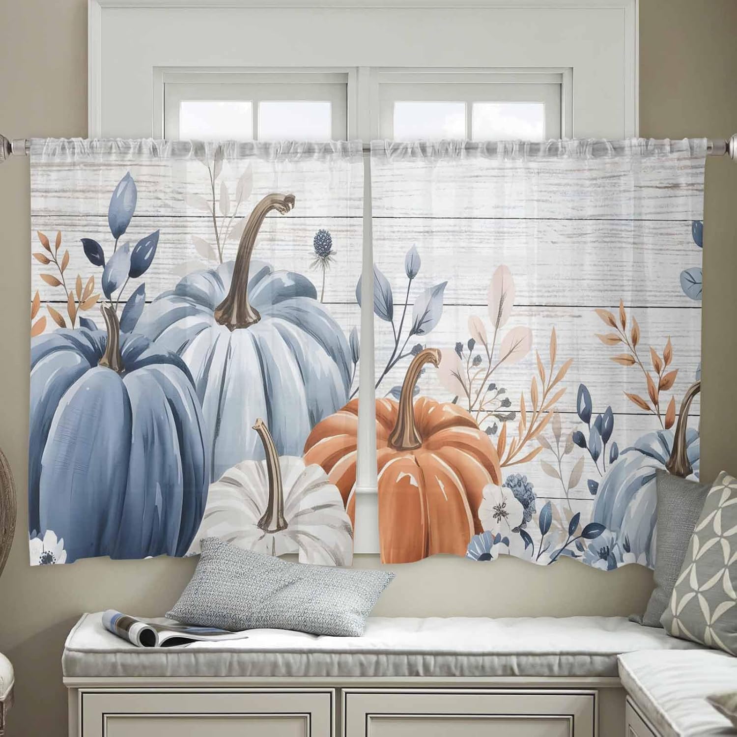 Libaoge Sheer Curtains 54 Inch Long Thanksgiving Blue Pumpkins Ombre Blue Wood Grain Rod Pocket Voile Semi-Sheer Window Treatment Drapes for Bedroom Bathroom Windows 2 Panels 52" Wx54 L