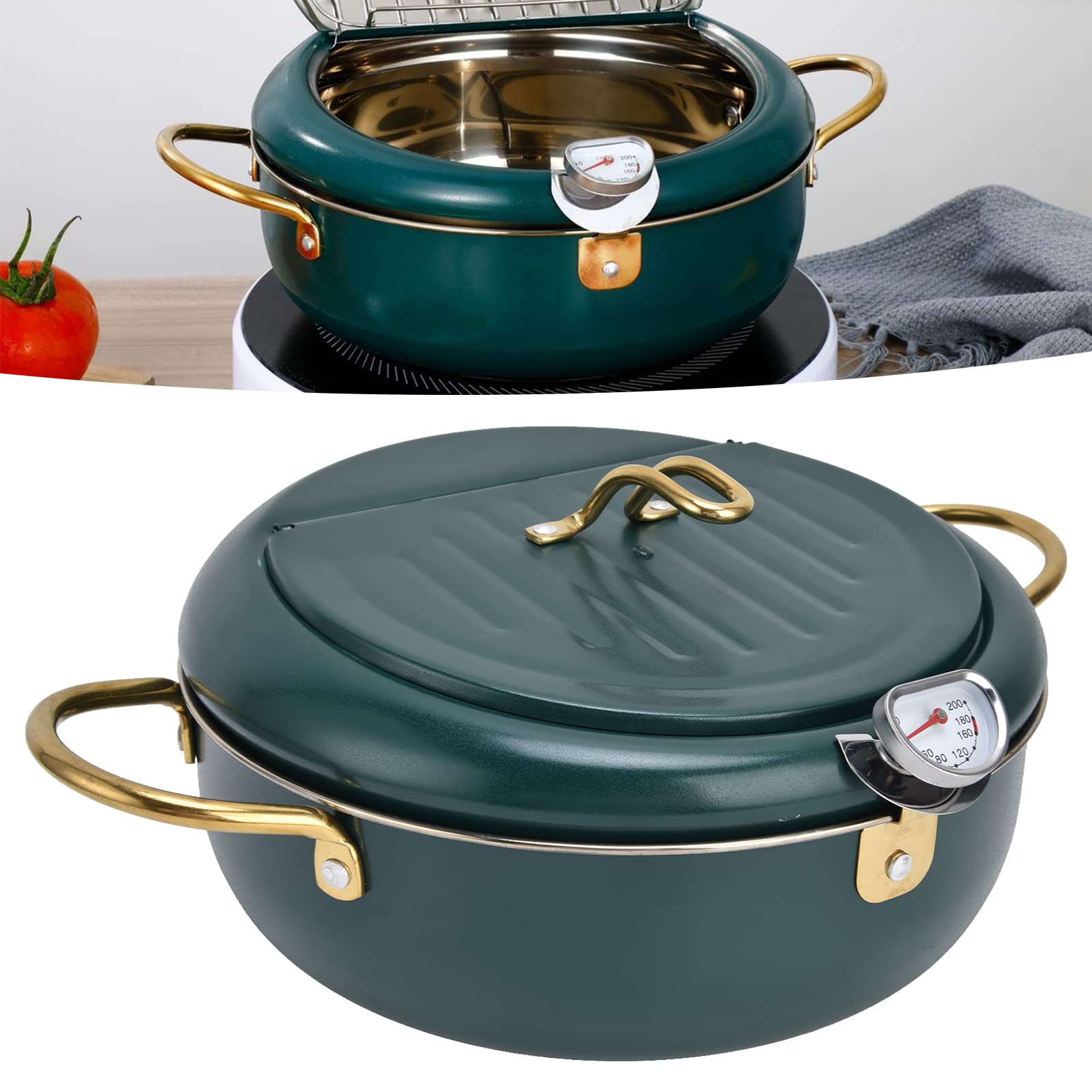 Friggitrice In Acciaio Inox 304 Con Termometro E Coperchio – 24 Cm, Anti-schizzi, Per Fritture Sane