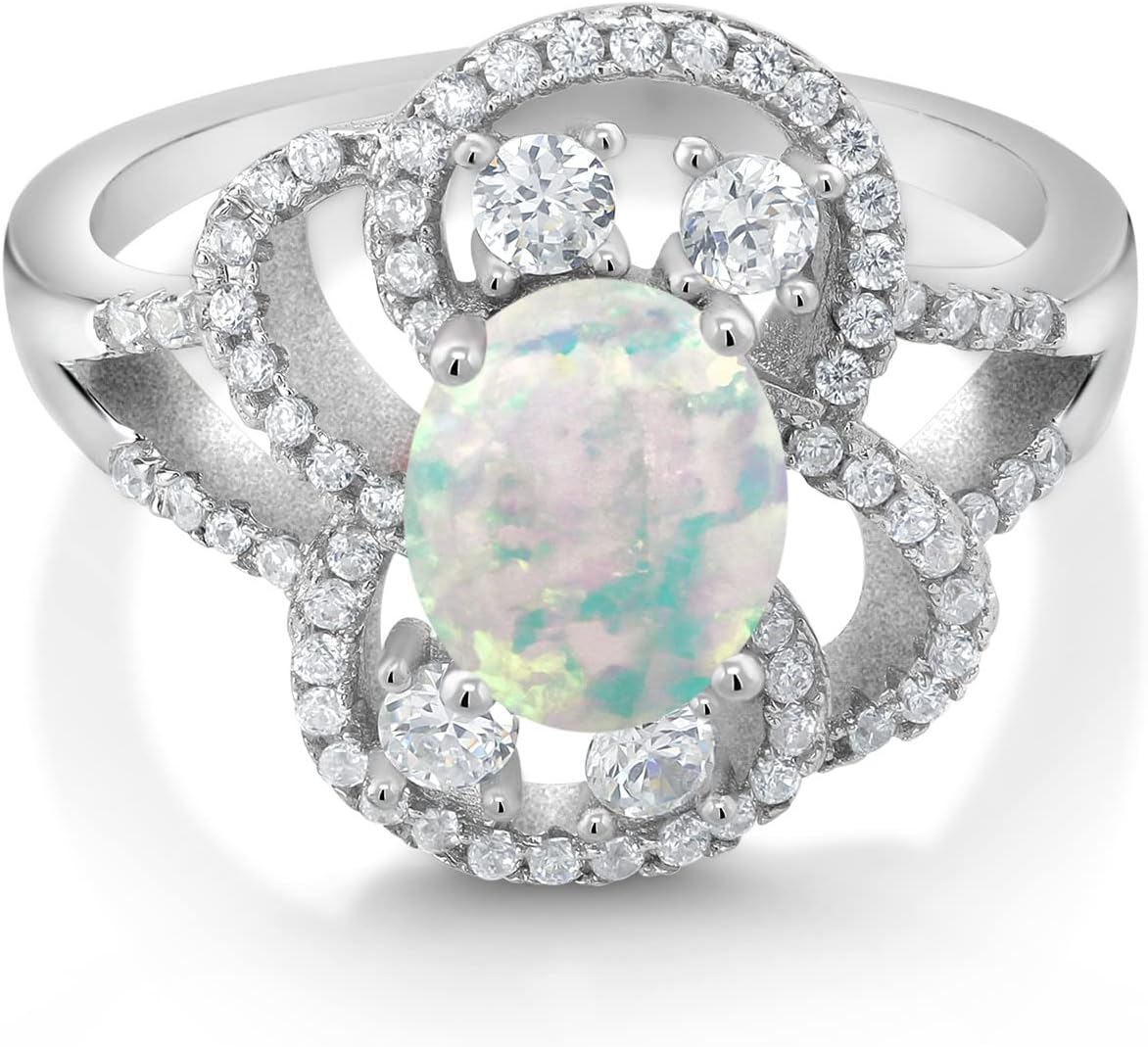 Gem Stone King 925 Sterling Silver 9X7MM Oval Cabochon White Simulated Opal Statement Ring For Women | 1.82 cttw