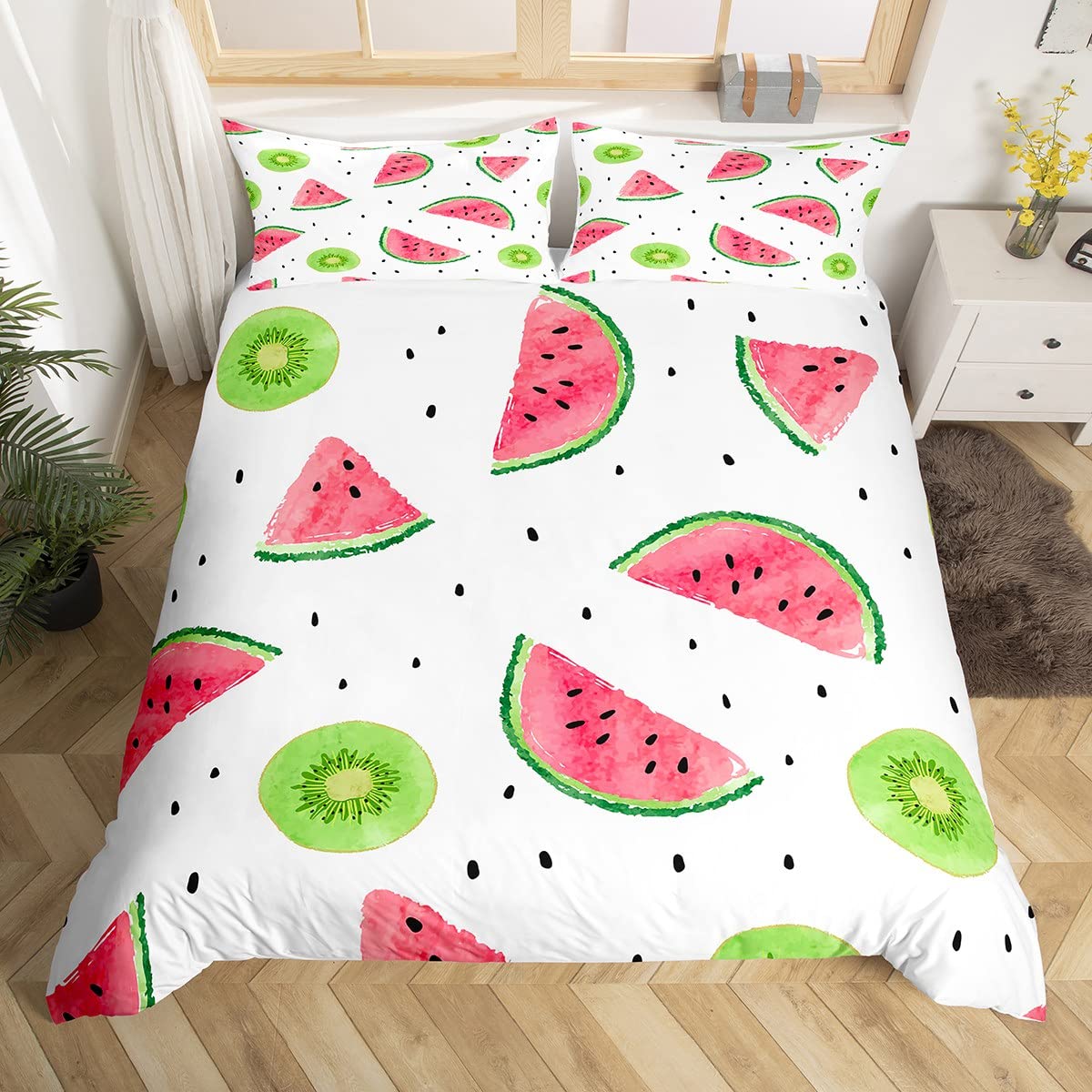 Manfei Cute Fruits Duvet Cover Set Single Size, Kiwi and Watermelon Comforter Cover with 1 Pillowcase