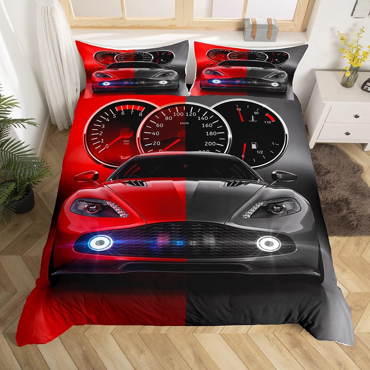 Red Black Race car Bedding Set Speed Sports Car Duvet Cover for Kids Children Teens Racing Car Comforter Cover Extreme Sports Bedspread Cover Bedroom Decor Automobile Quilt Cover 2Pcs Twin S