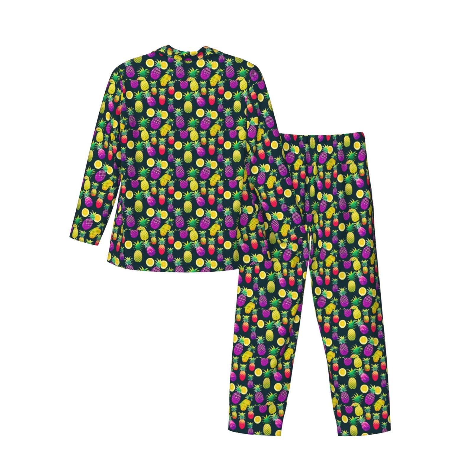 Langärmeliges Herren-Pyjama-Set mit buntem Ananas-Druck, zweiteilig, Hauskleidung, bequeme Nachtwäsche