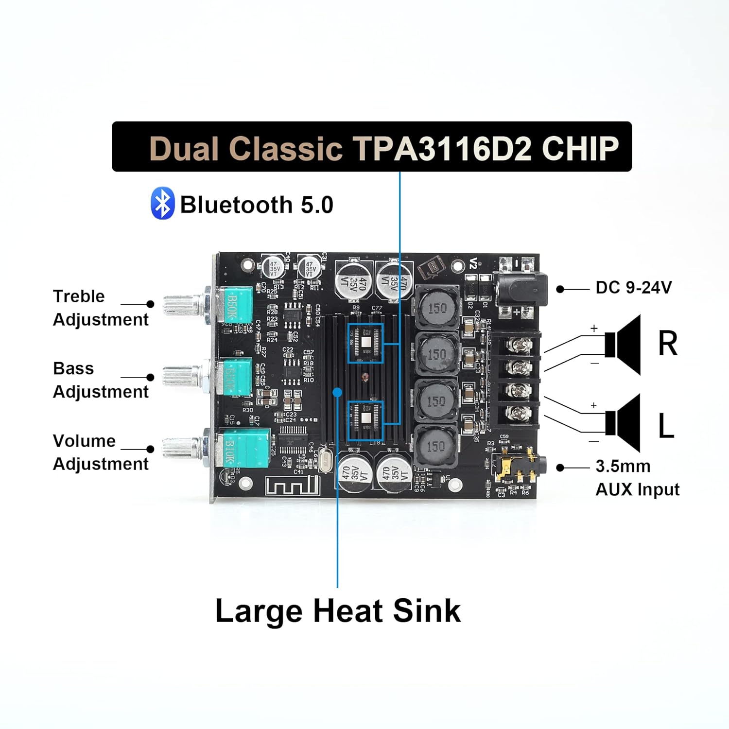 ZK-3002T 300W+300W Bluetooth Digital Amplifier Board TPA3255 Chip 2.0 Channel with Bluetooth/3.5mm AUX Input/USB Input,with Treble and Bass Adjustment