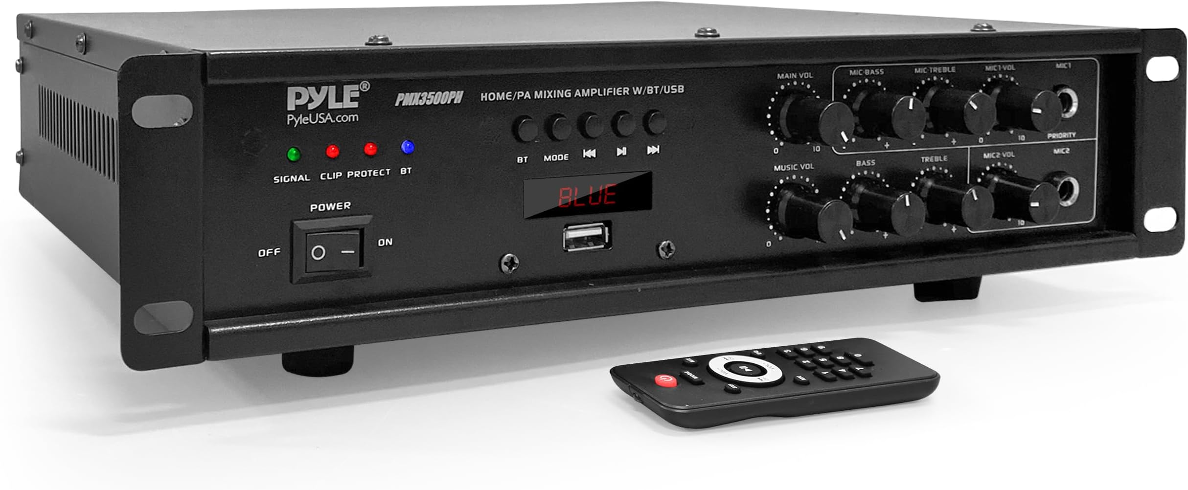 Pyle Bluetooth PA Mixing Amplifier - 500W Home Audio Rack Mount Stereo Power Amplifier, Digital LED Display, USB/AUX/Mic, Optical/Coaxial, AC-3, 70V/100V Output - PMX3500PH
