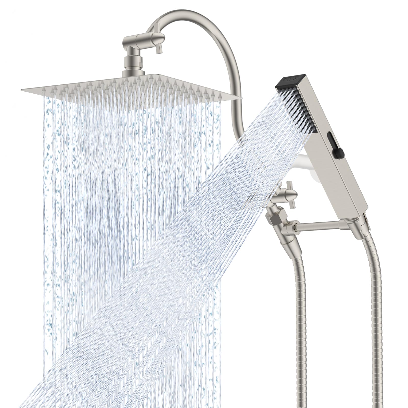 Hibbent Soffione doccia interamente in metallo, soffione doccia a pioggia ad alta pressione da 20,3 cm, combinazione soffione doccia, braccio curvo regolabile da 30,5 cm, tubo da 180 cm, 2 supporti