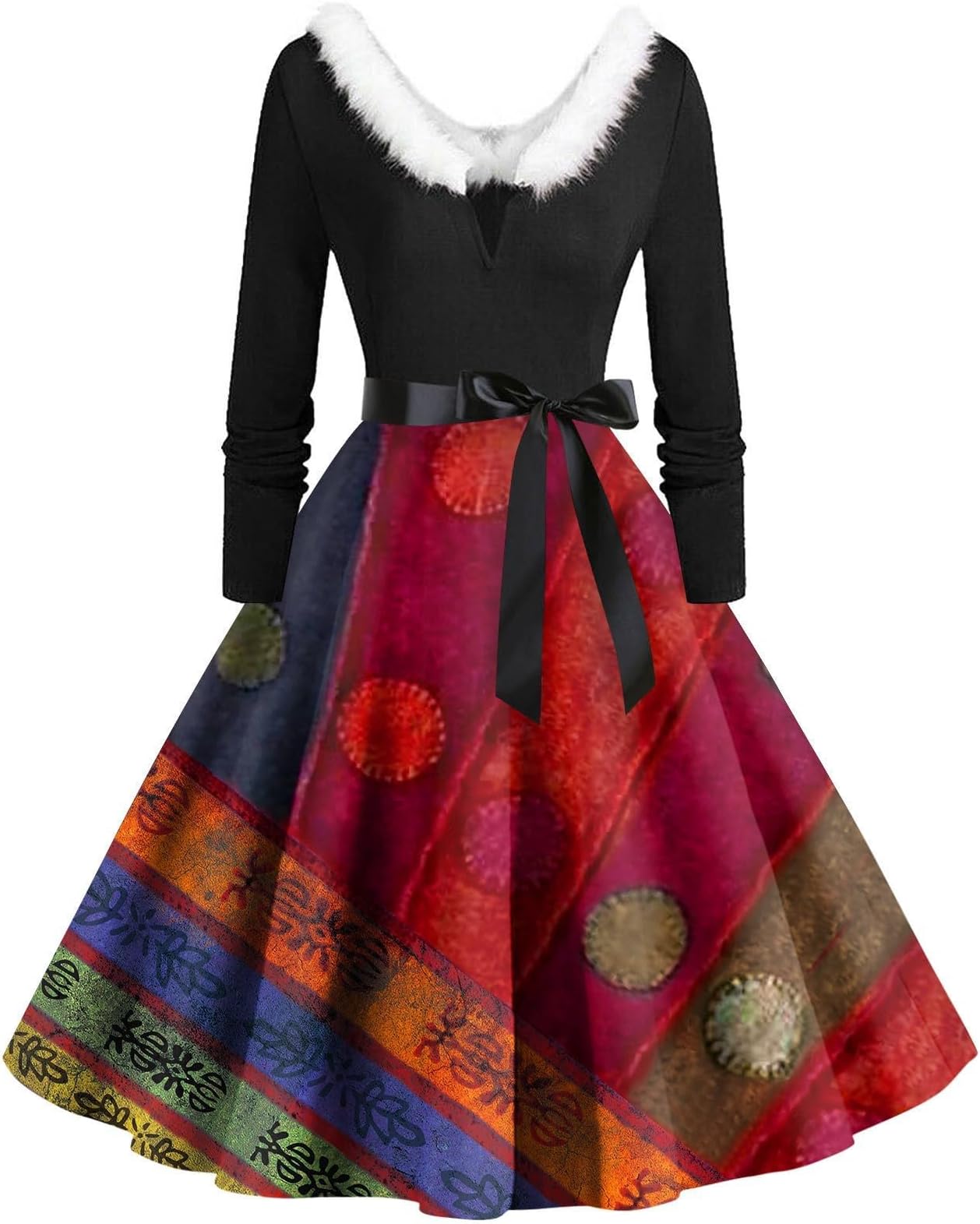 maisdgopUgly Christmas Dress for Women Patchwork V Neck Skirt Casual Xmas Printed Costumes Fashion Prom Dresses with Belt