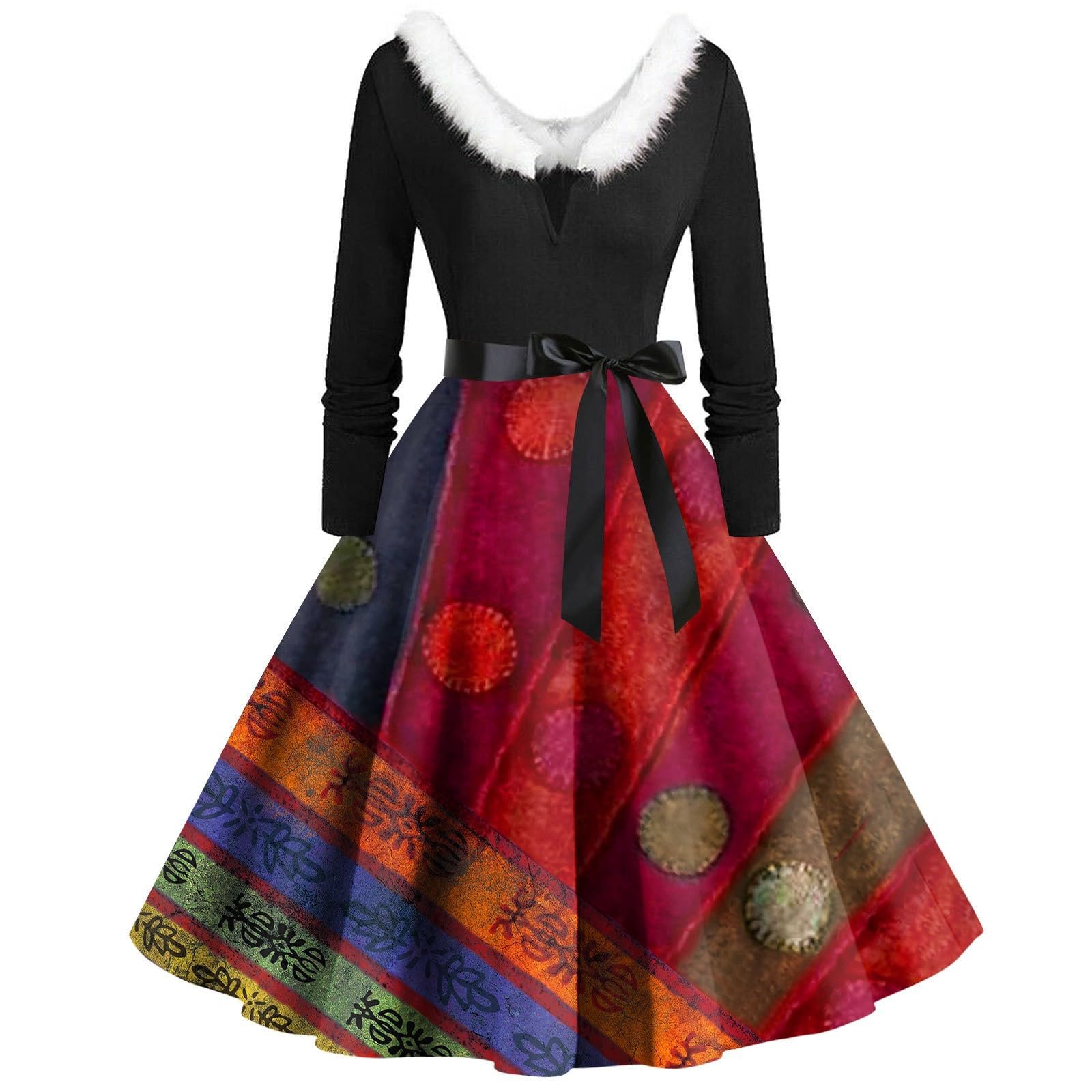 maisdgopUgly Christmas Dress for Women Patchwork V Neck Skirt Casual Xmas Printed Costumes Fashion Prom Dresses with Belt