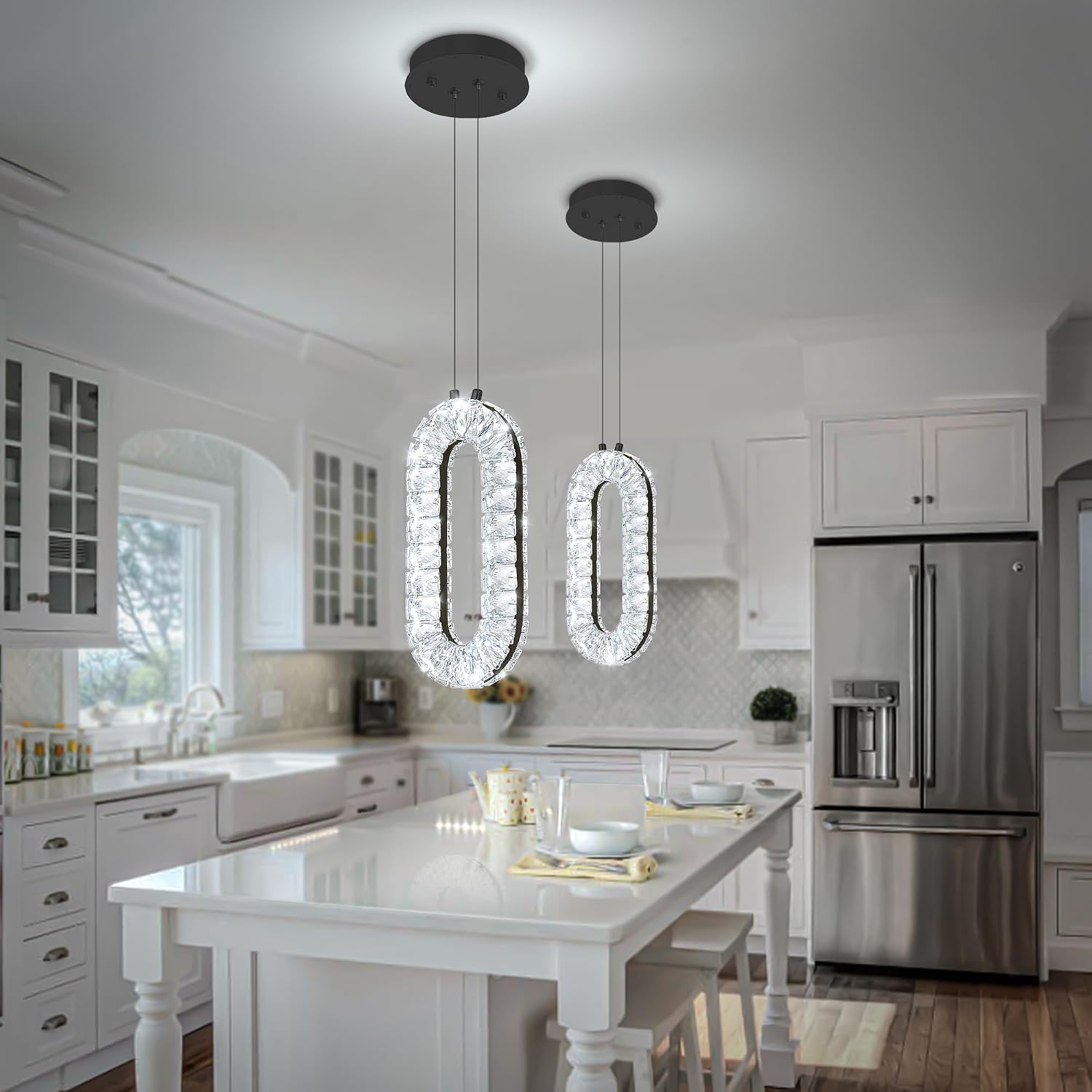 1-Light Modern Crystal Chandelier for Kitchen Island LED Dimmable Pendant Lighting Black Ring Chandelier for Dining Room Bedroom
