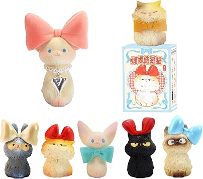 Lucky Siamese Cat Blind Box Action Figure, Lovely Bow Cats Carved Wood Feeling Happy Kitty Fortune Cat Mystery Bag Surprise Mysterious Collectible Home Desk Decorations -Bowknot Ladies1 Box