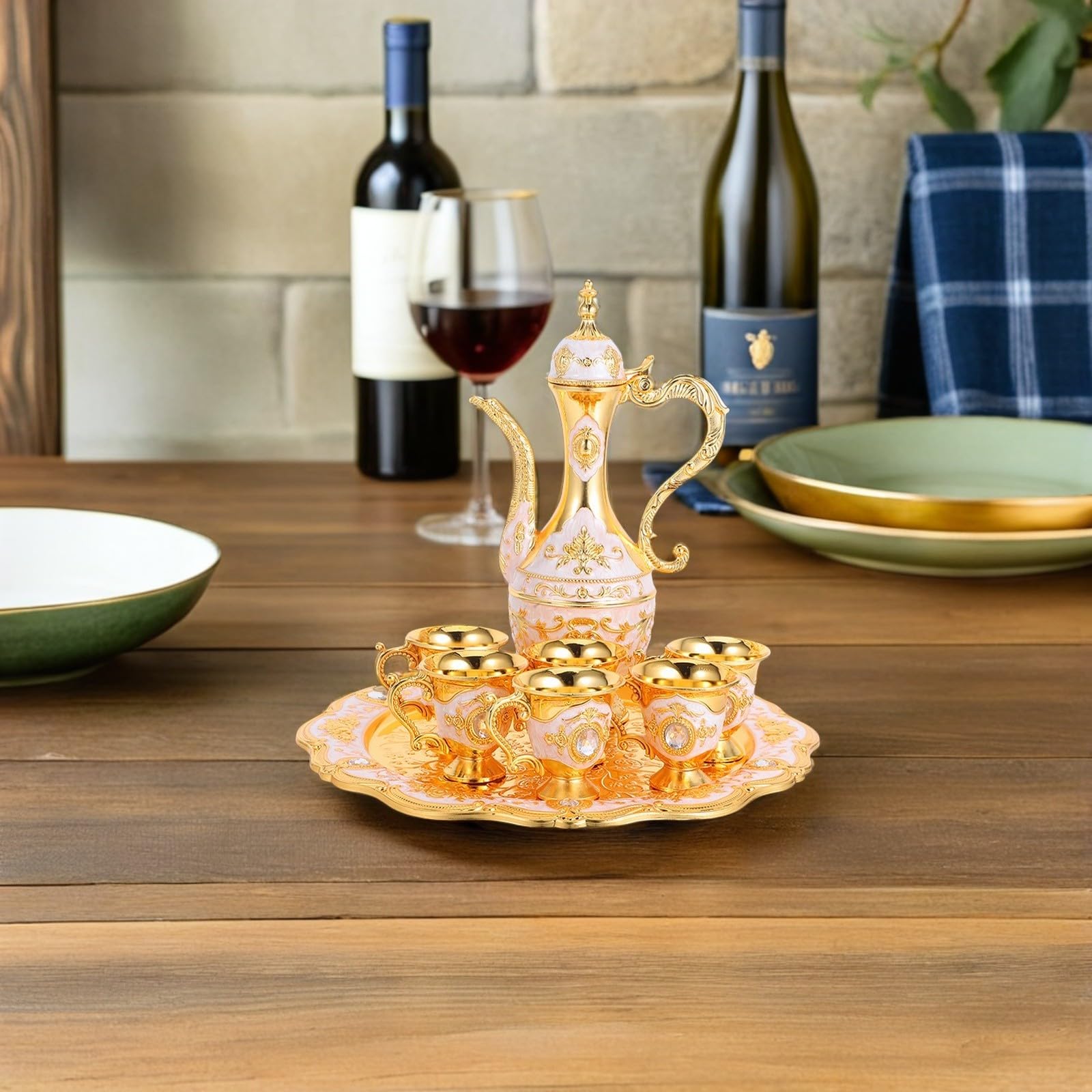 KICHOUSE Ensemble de Verres à Shot Vintage en Alliage de Zinc 250ml et 30ml avec Plateau Doré, Gobelets à Boire en Relief pour Mariage ou Tea Party Élégant