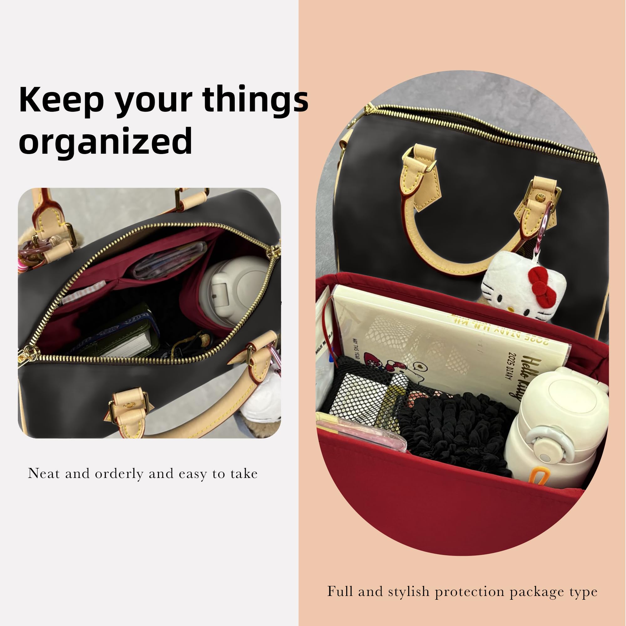 DGAZ Organizador de Bolso de Seda Premium, Inserto Ligero para Speedy 16/20/25/30/35/45, Forro Interior Elegante que Protege y Organiza (Rouge casaque, Speedy 20)