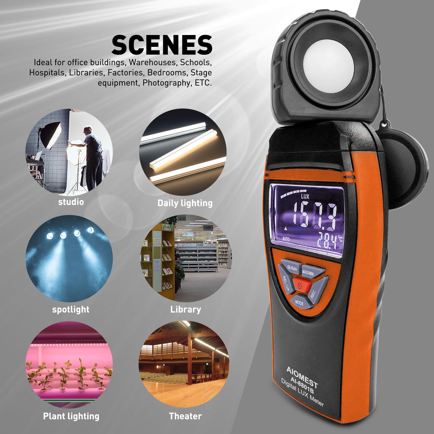 AIOMEST Numérique Luxmeter Photomètre portable 0,1 ~ 400,000 lux avec données, détecteur rotatif à 270° avec écran LCD pour plantes, bureau, éclairage LED, AI-8801B (orange)