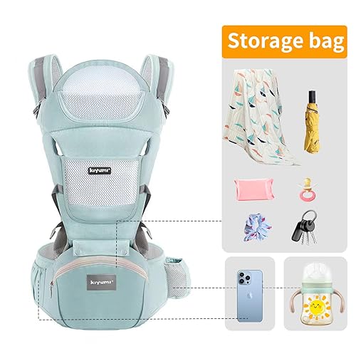 Miniatura 3 de KIYUMI Portabebés con asiento de cadera, portabebés 6 en 1 para recién nacidos hasta niños pequeños, posición M ergonómica, soporte para la cabeza y