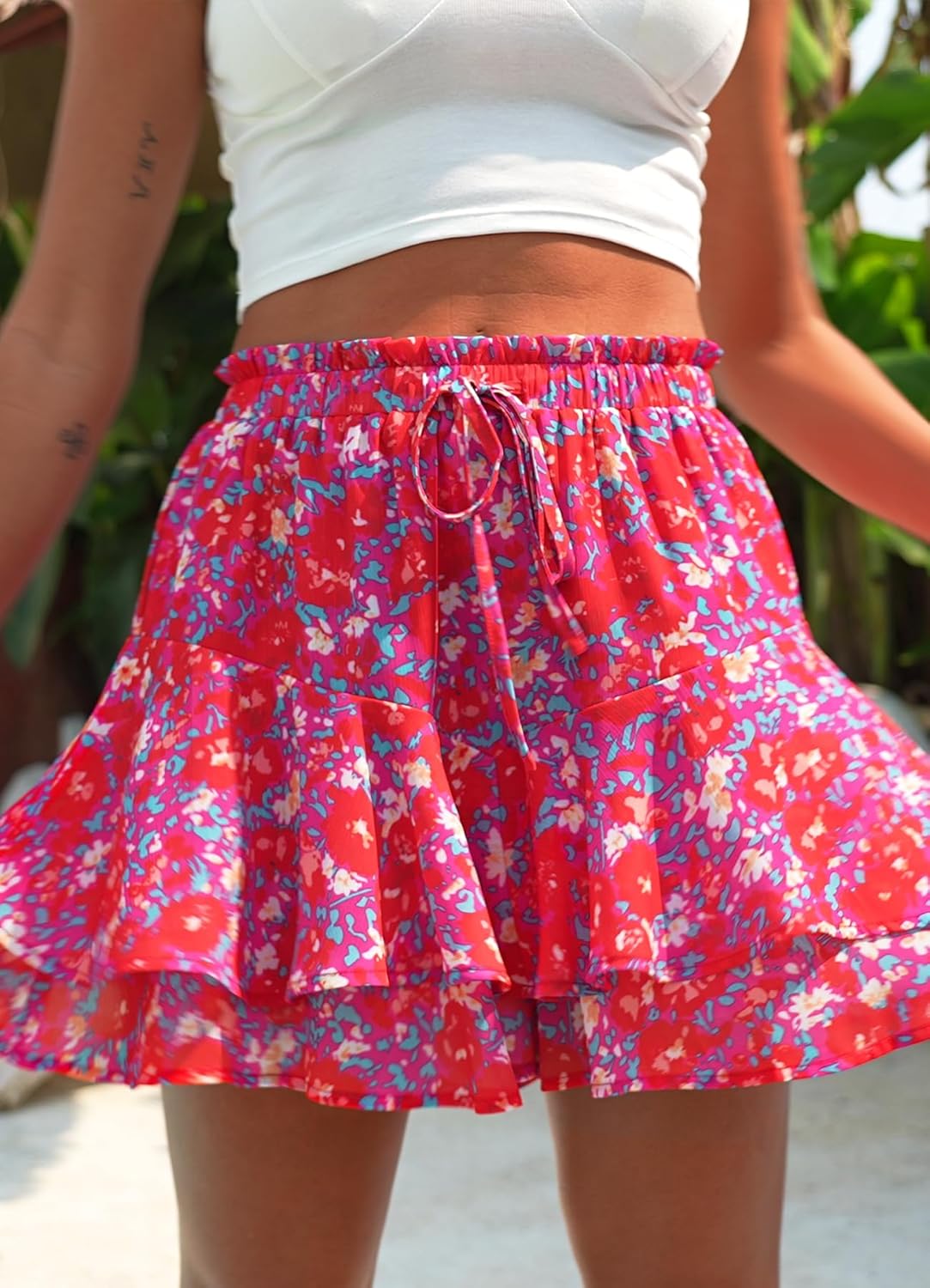 SimpleFun Womens Skorts Floral Ruffled Chiffon Flowy Shorts Summer Flared Mini Skirts - Image 2